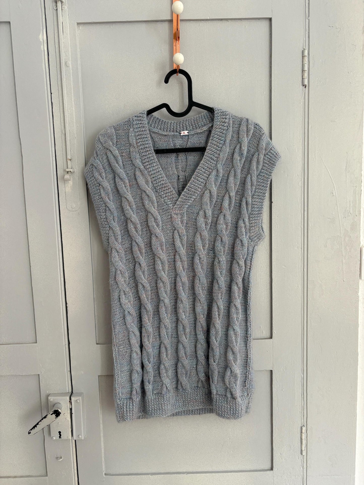 Vintage blue hand knit waistcoat, Light academia winter knitwear, Ice blue handmade spencer, Preppy gilet, S