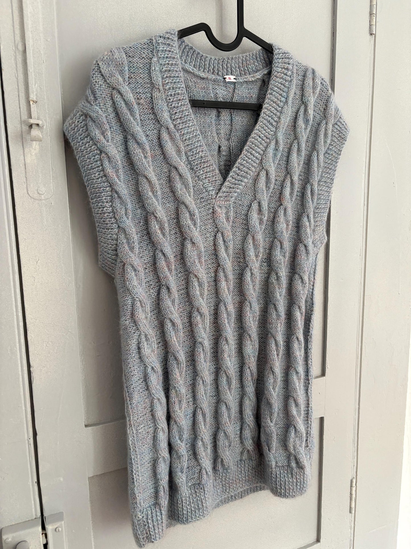 Vintage Blue Hand-Knit Waistcoat — fabric close-up