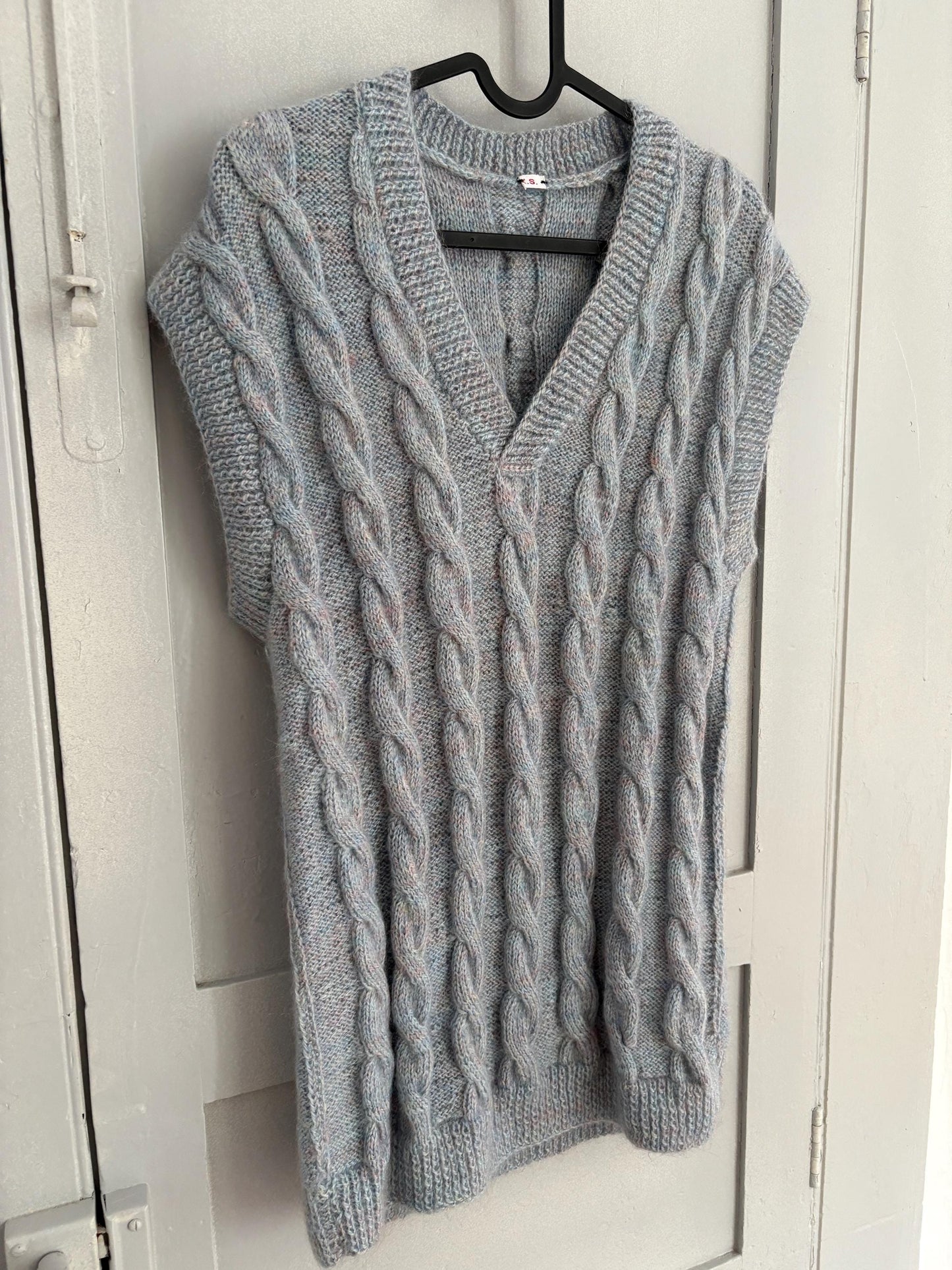 Vintage blue hand knit waistcoat, Light academia winter knitwear, Ice blue handmade spencer, Preppy gilet, S