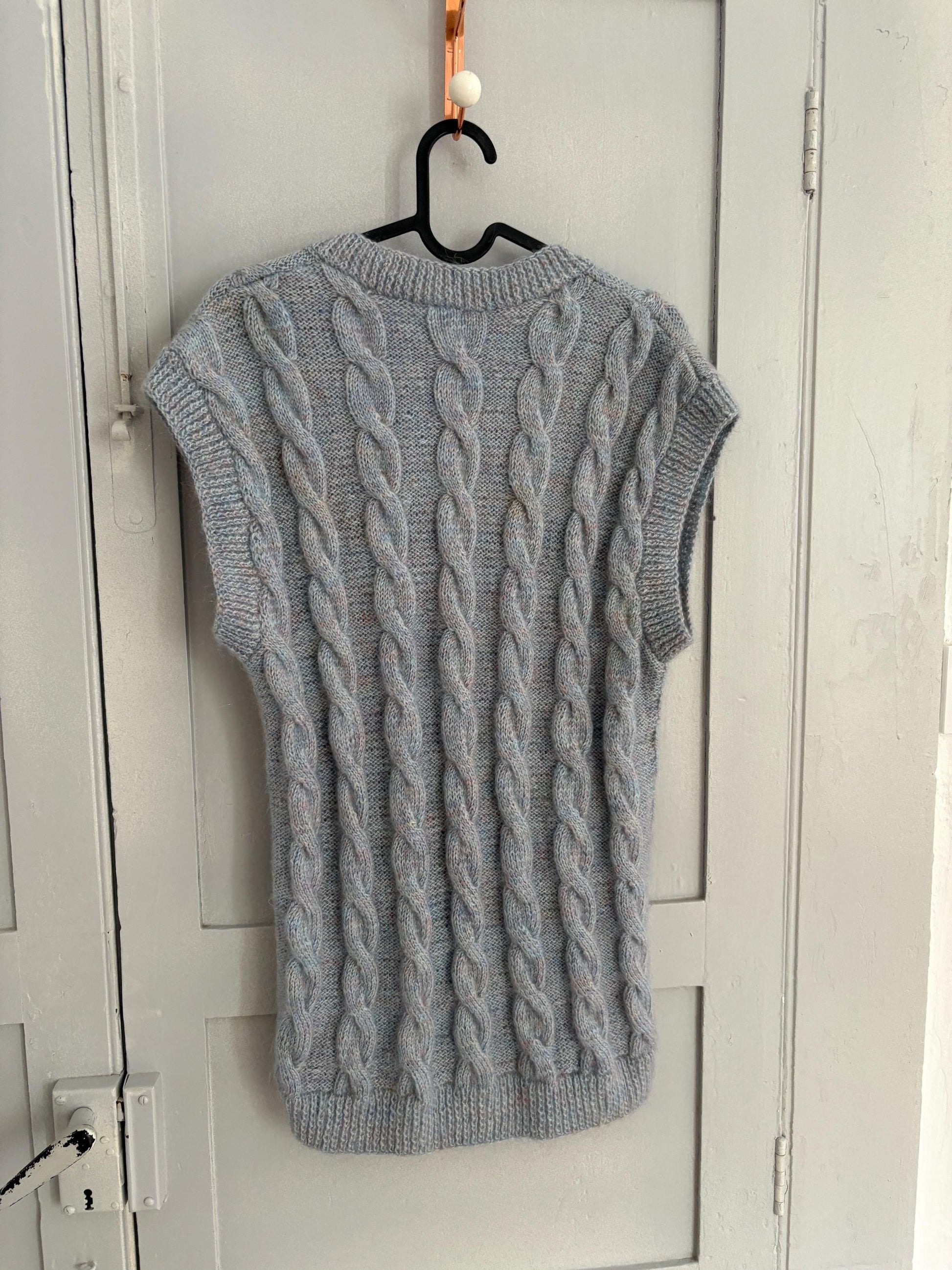 Vintage blue hand knit waistcoat, Light academia winter knitwear, Ice blue handmade spencer, Preppy gilet, S