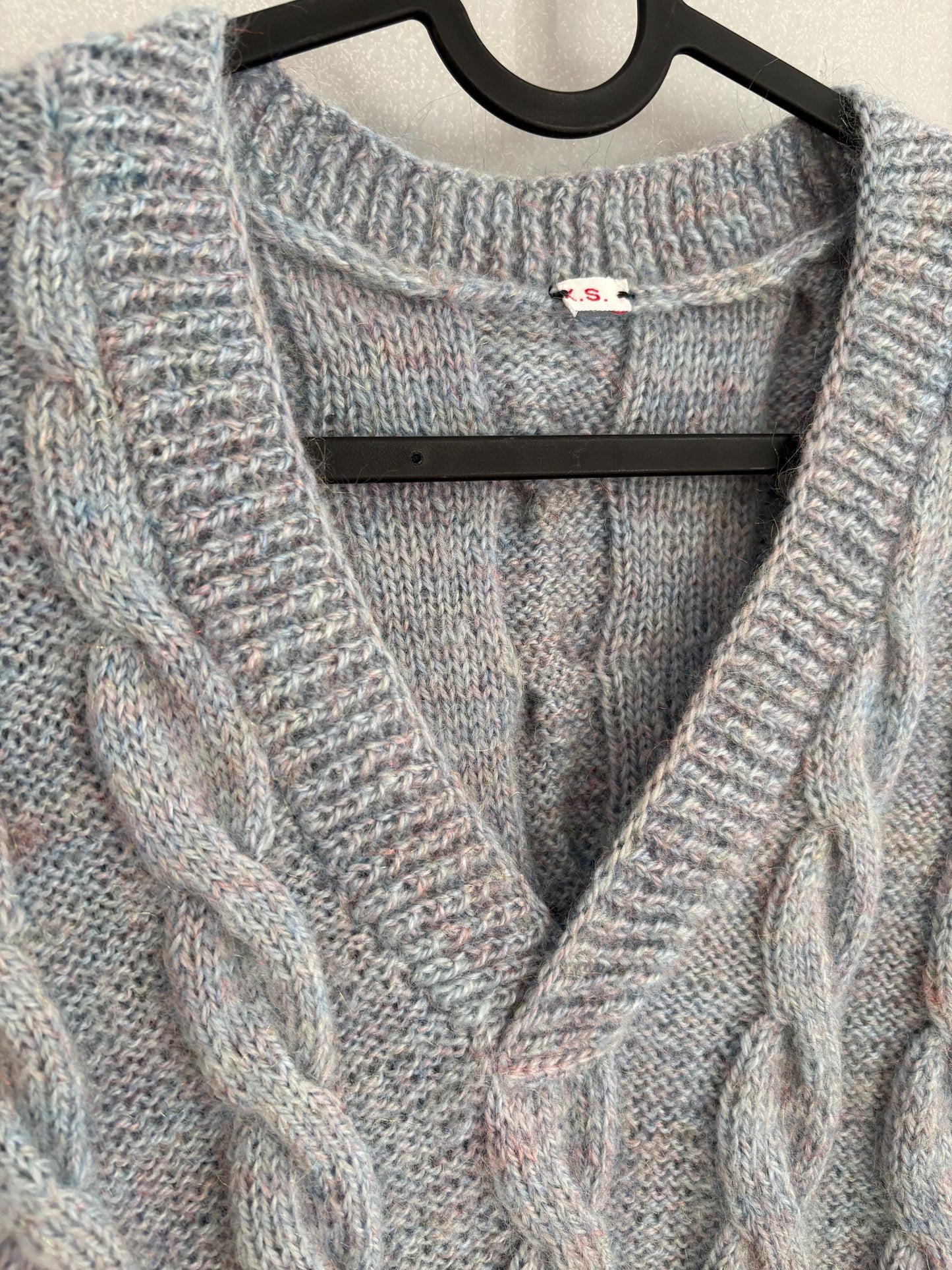 Vintage blue hand knit waistcoat, Light academia winter knitwear, Ice blue handmade spencer, Preppy gilet, S