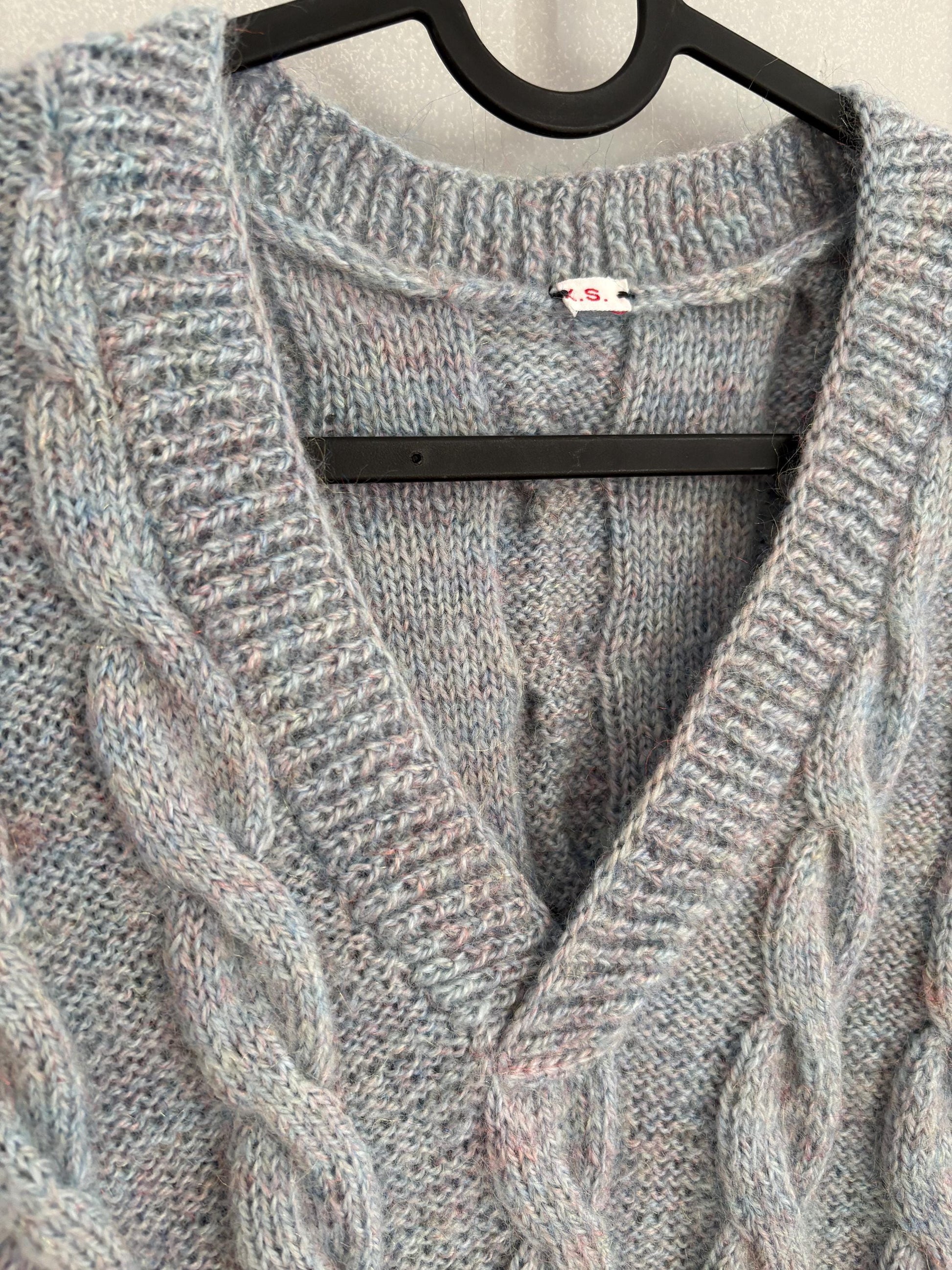 Vintage blue hand knit waistcoat, Light academia winter knitwear, Ice blue handmade spencer, Preppy gilet, S