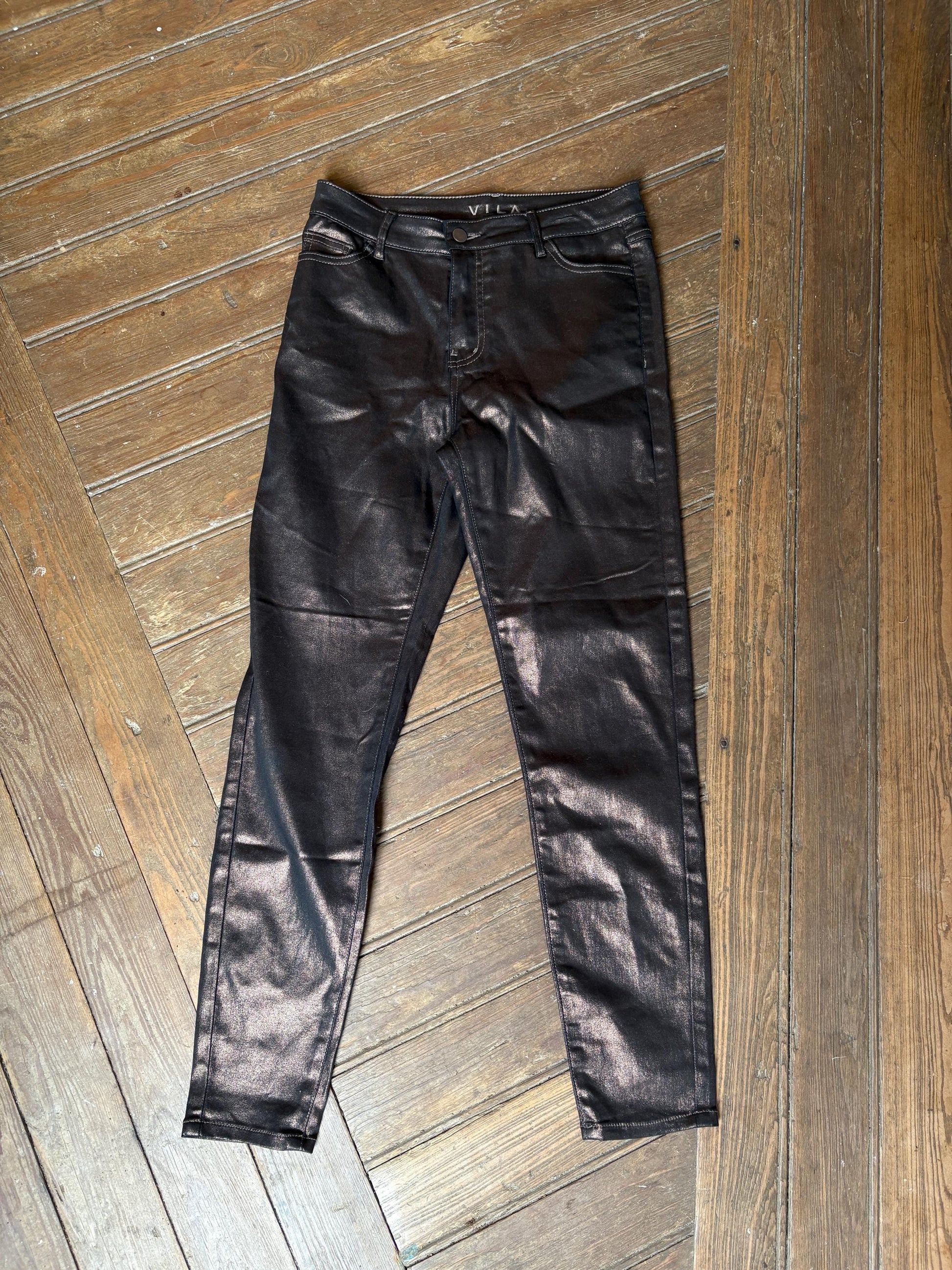 Metallic black skinny pants, Vintage Vila garment coated pants, Festive glitter trousers, M