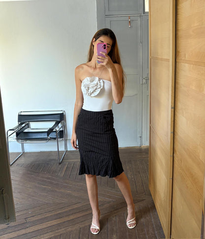 Vintage Black Pinstripe Pencil Skirt — fabric close-up