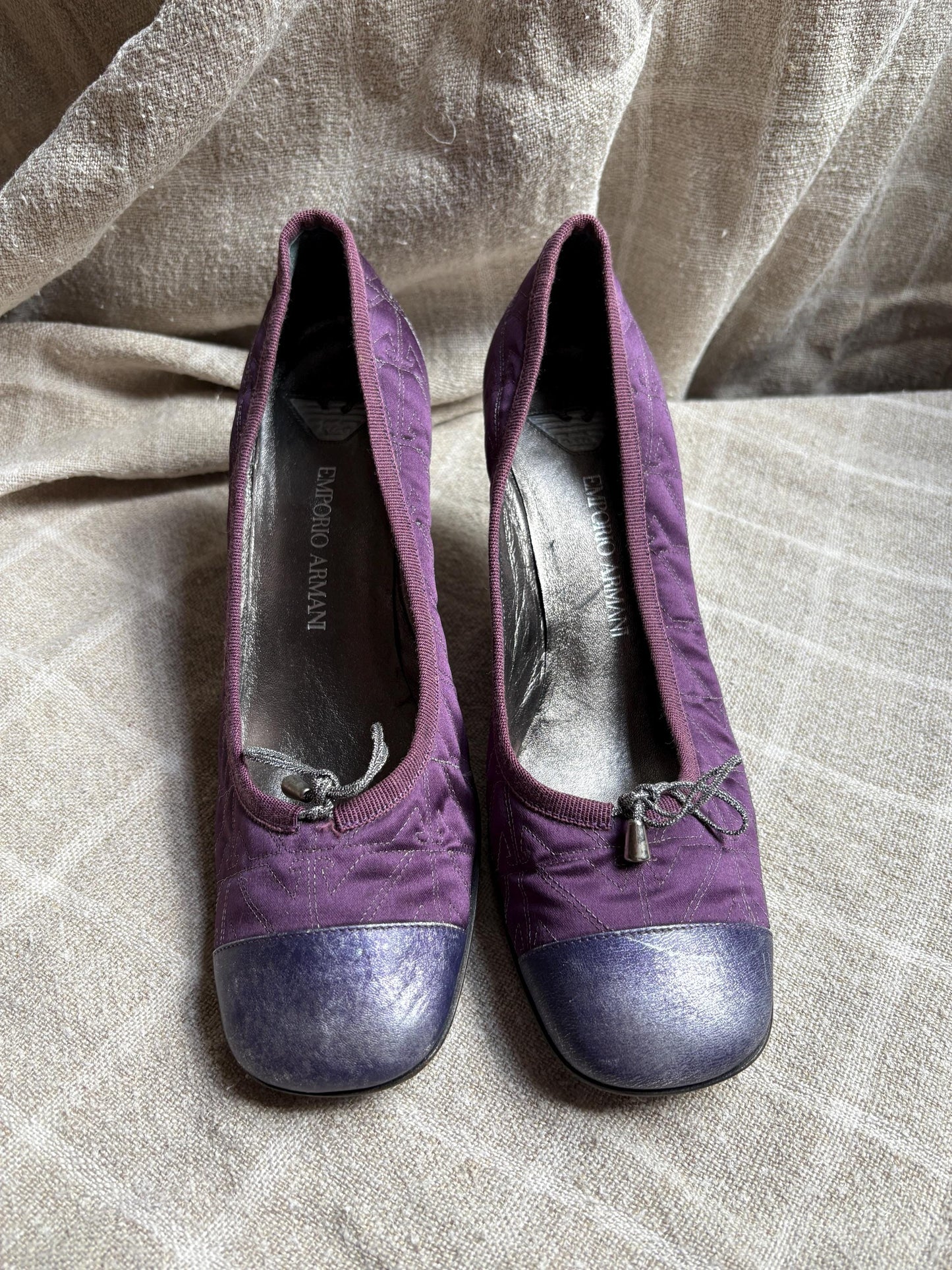 Vintage Emporio Armani Purple Kitten Heels — fabric close-up