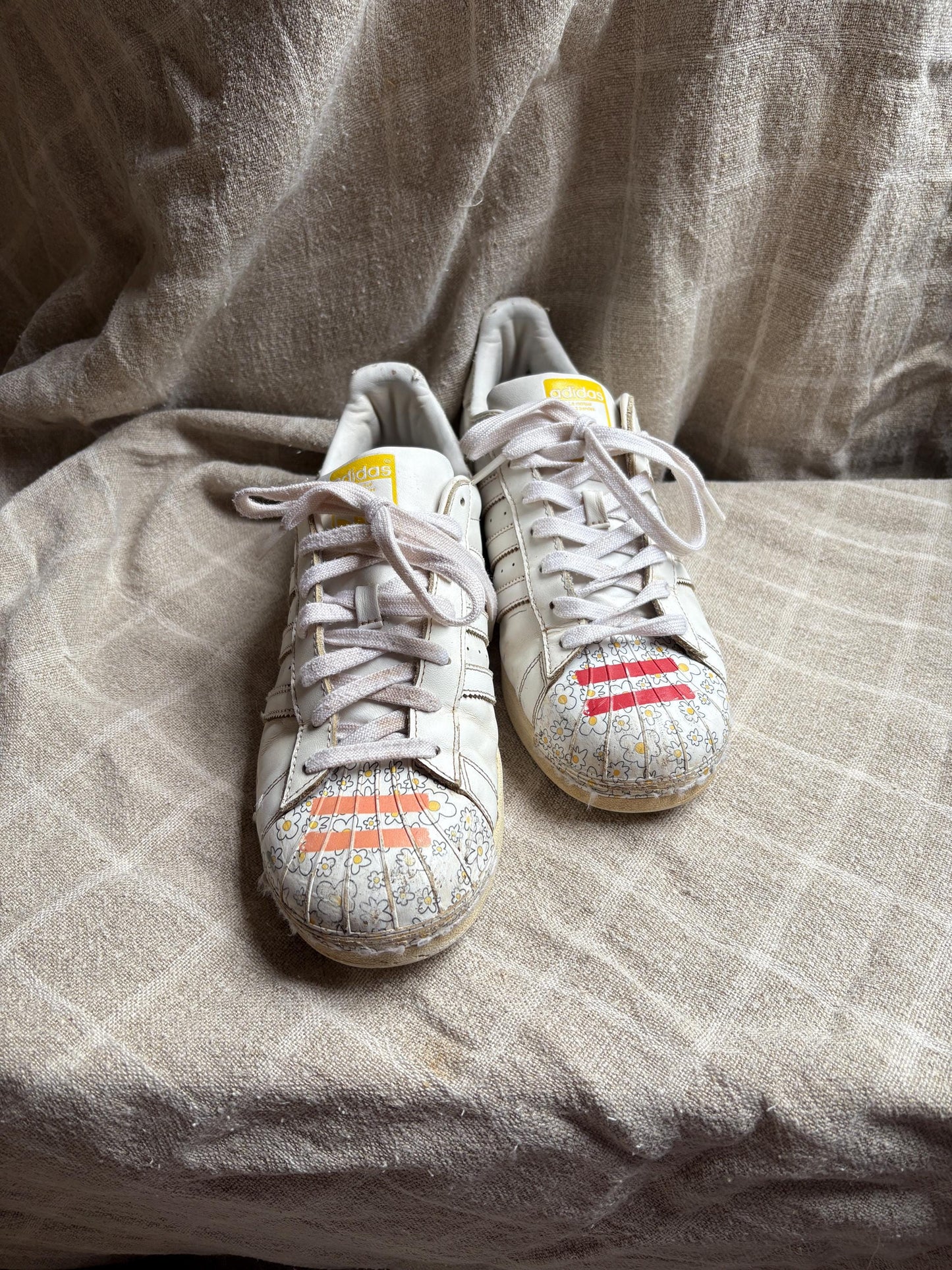 Vintage Adidas x Pharrell Williams sneakers, Flower printed sport shoes, Red - orange - yellow and white leather trainers, Size 44 - USA 10