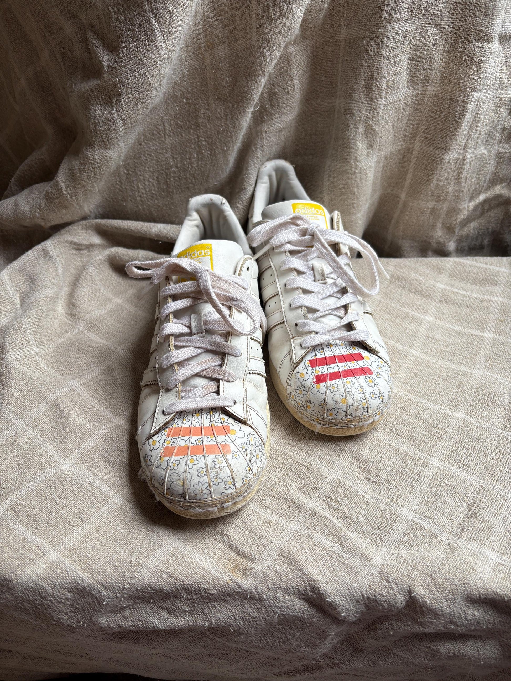 Vintage Adidas x Pharrell Williams sneakers, Flower printed sport shoes, Red - orange - yellow and white leather trainers, Size 44 - USA 10