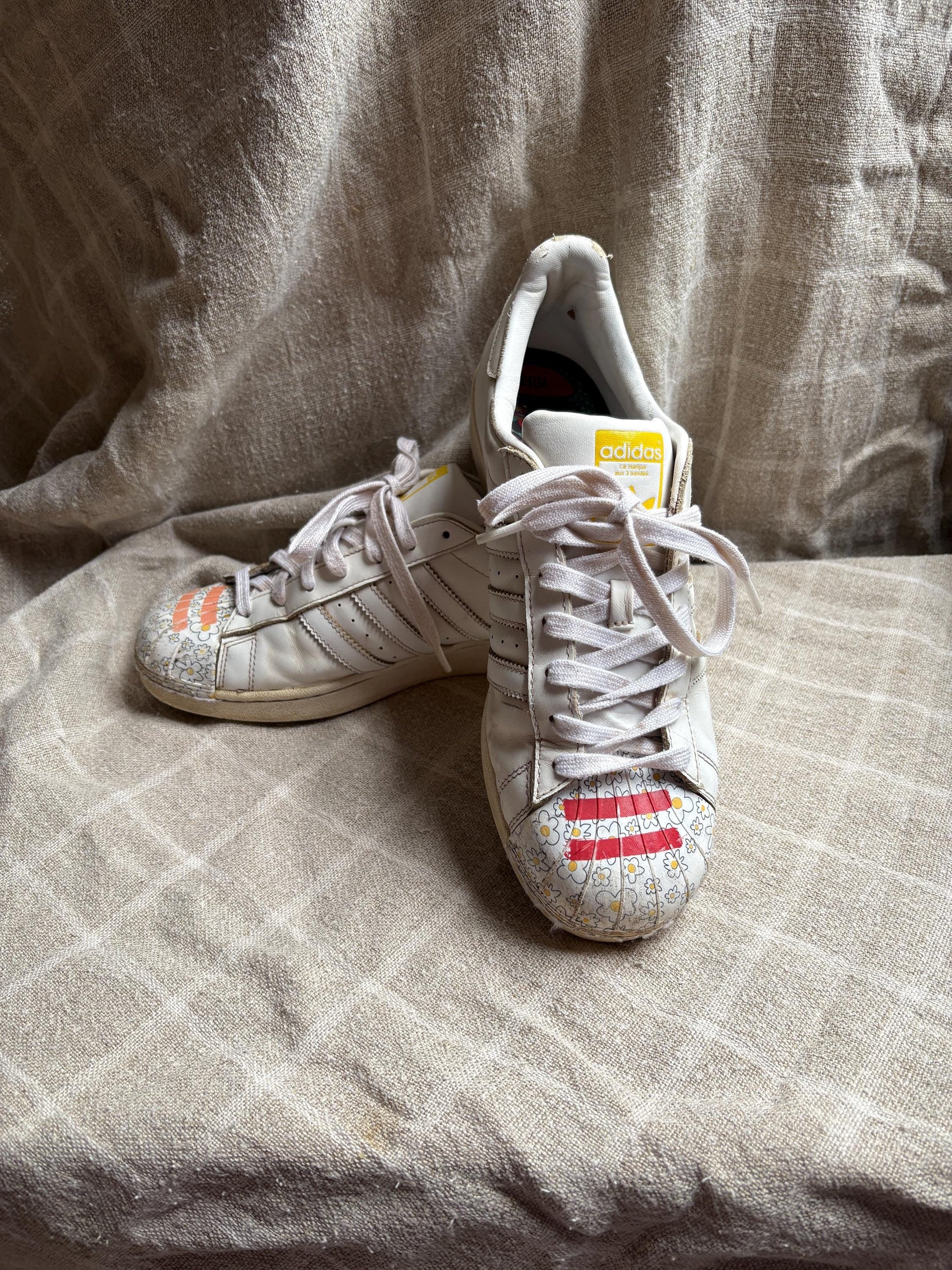 Vintage Adidas x Pharrell Williams sneakers, Flower printed sport shoes, Red - orange - yellow and white leather trainers, Size 44 - USA 10