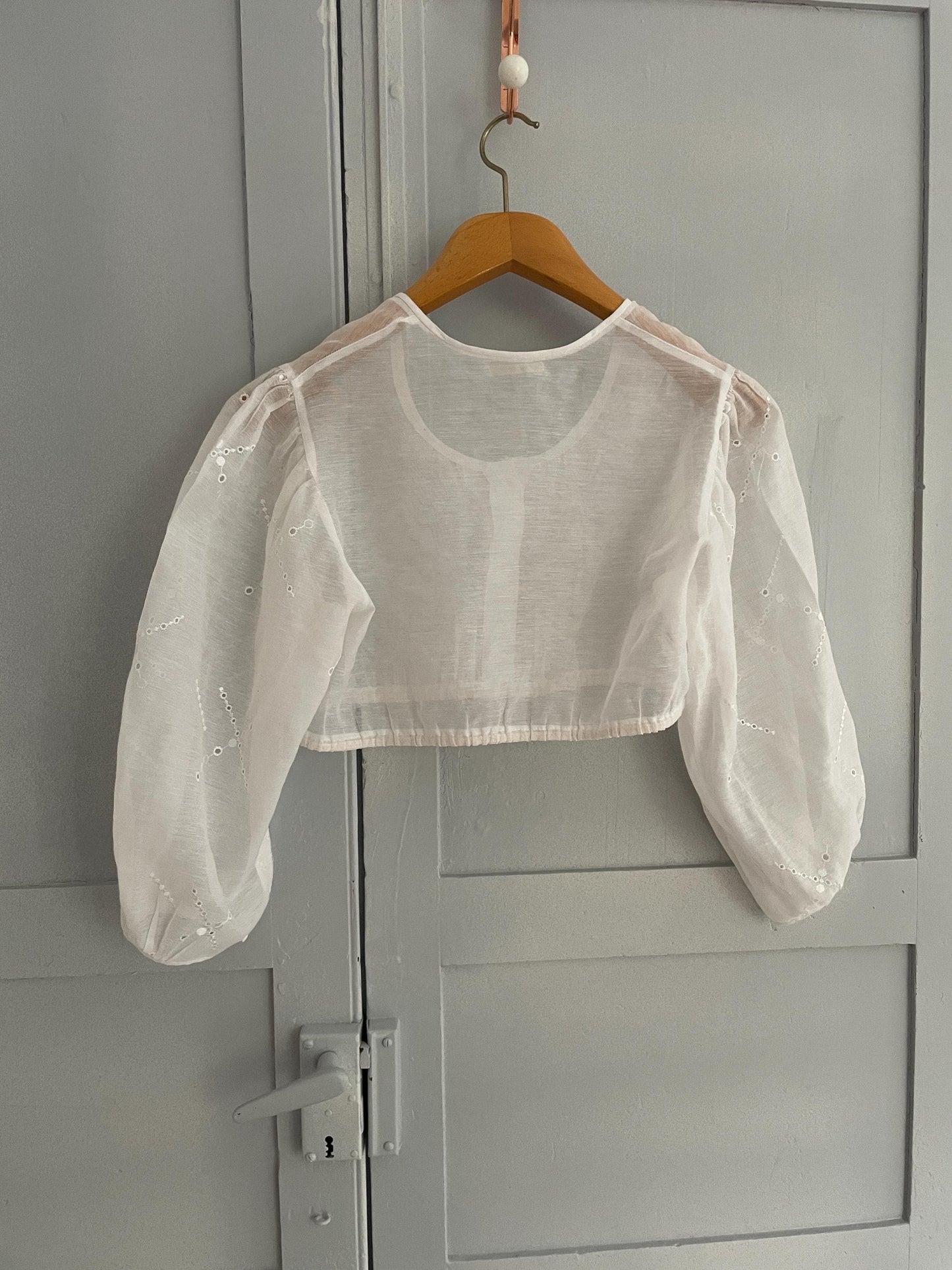 Vintage white romantic see through puff sleeve top, Sheer crop top, Cottage core blouse, Farm girl dirndl style