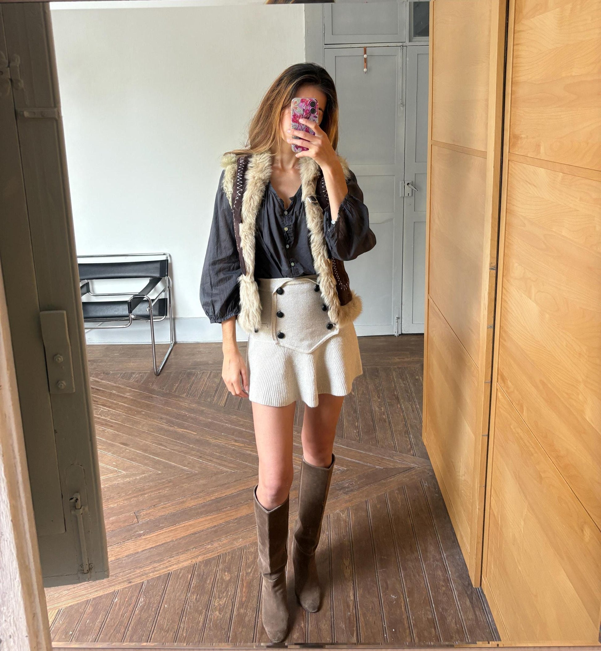 Vintage wool leather lammy vest, Sleeveless genuine leather 70s gilet, Sheep hide winter waistcoat, Sheephide cardigan