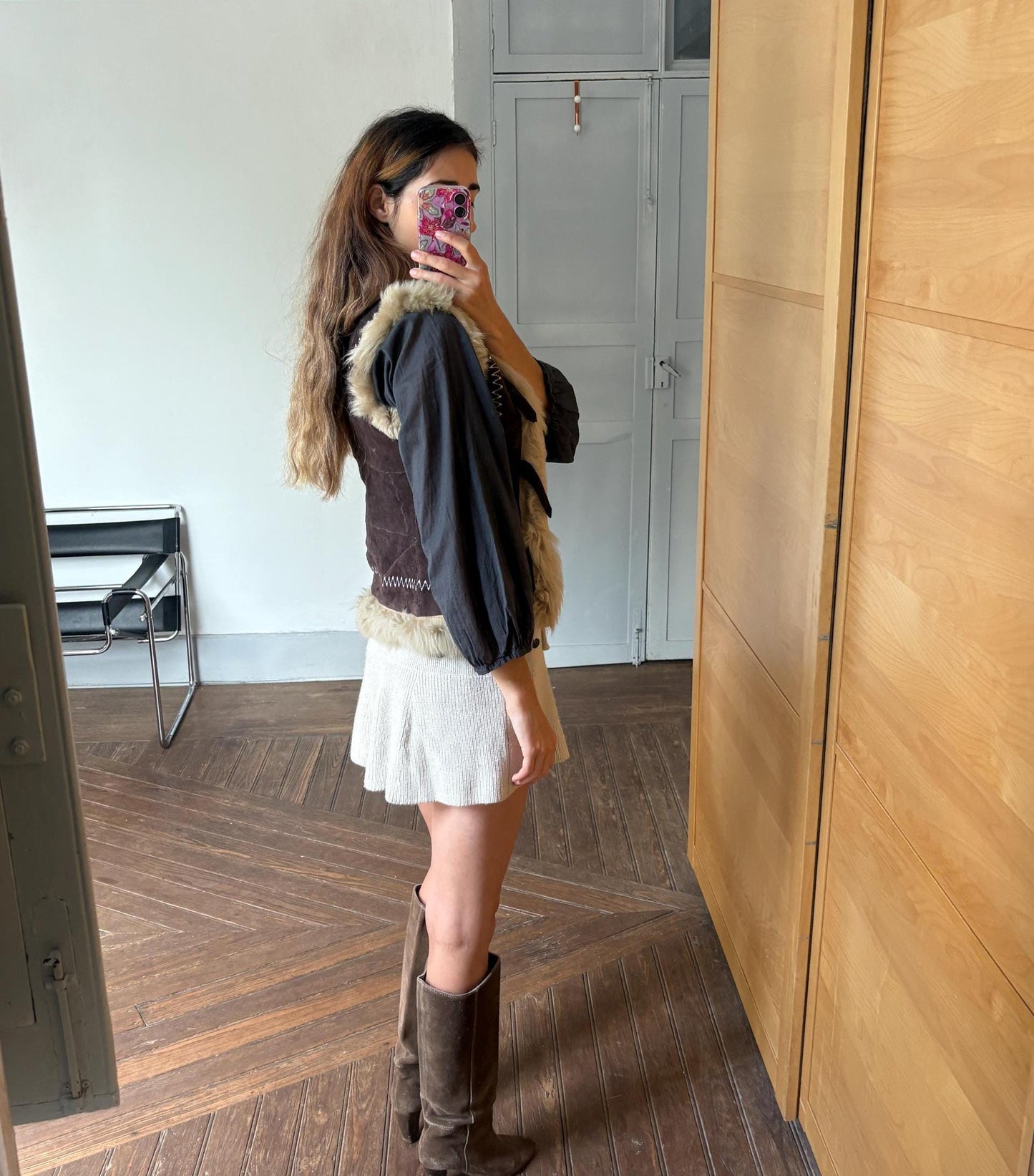 Vintage wool leather lammy vest, Sleeveless genuine leather 70s gilet, Sheep hide winter waistcoat, Sheephide cardigan