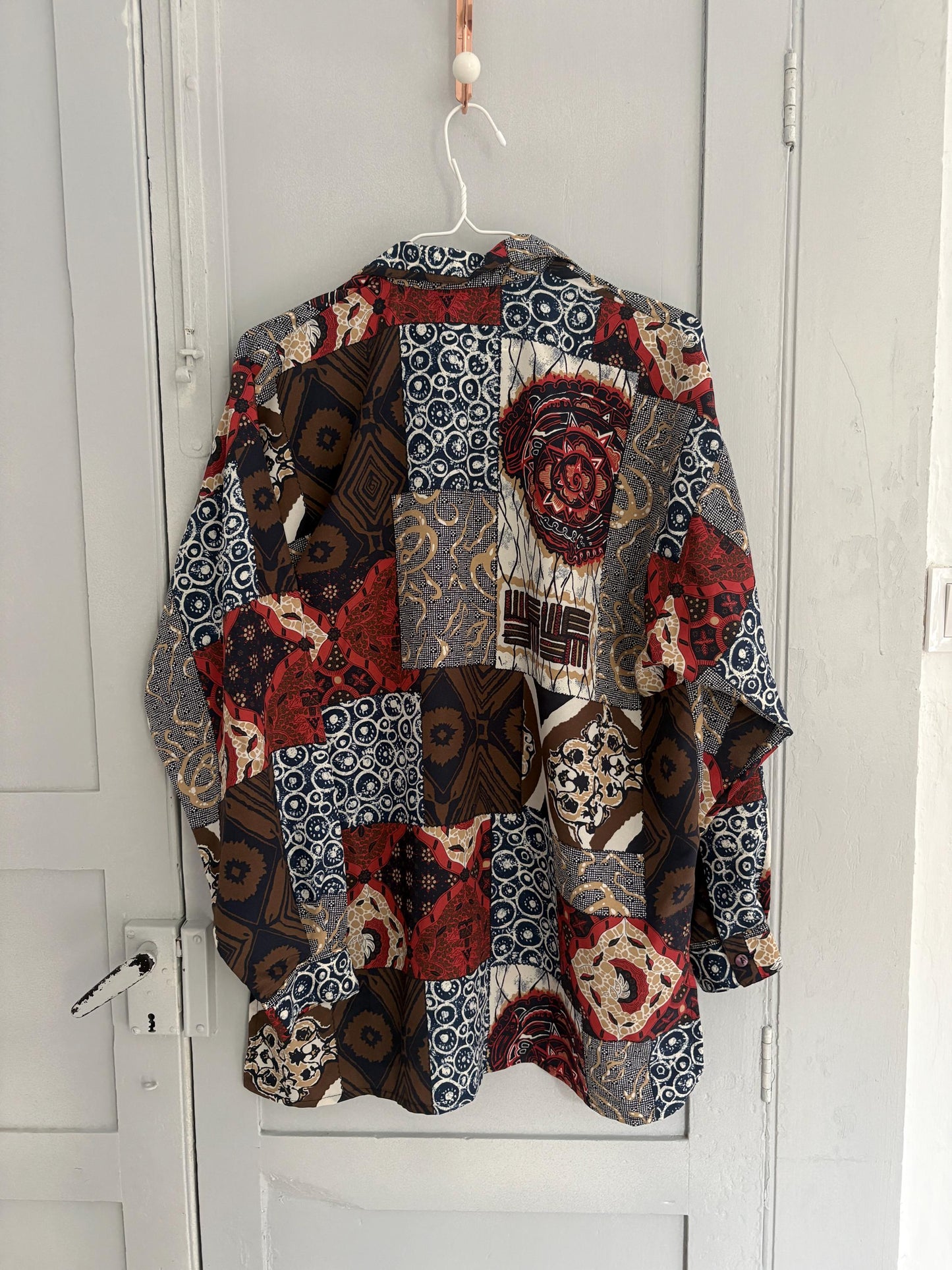 Vintage abstract pattern woman blouse, Colourful Button up retro shirt, 80s vintage clothing