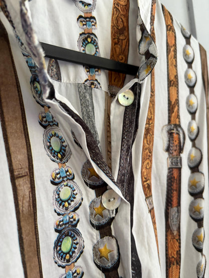 Vintage Belt Print Dress with Mother of Pearl Buttons — back view