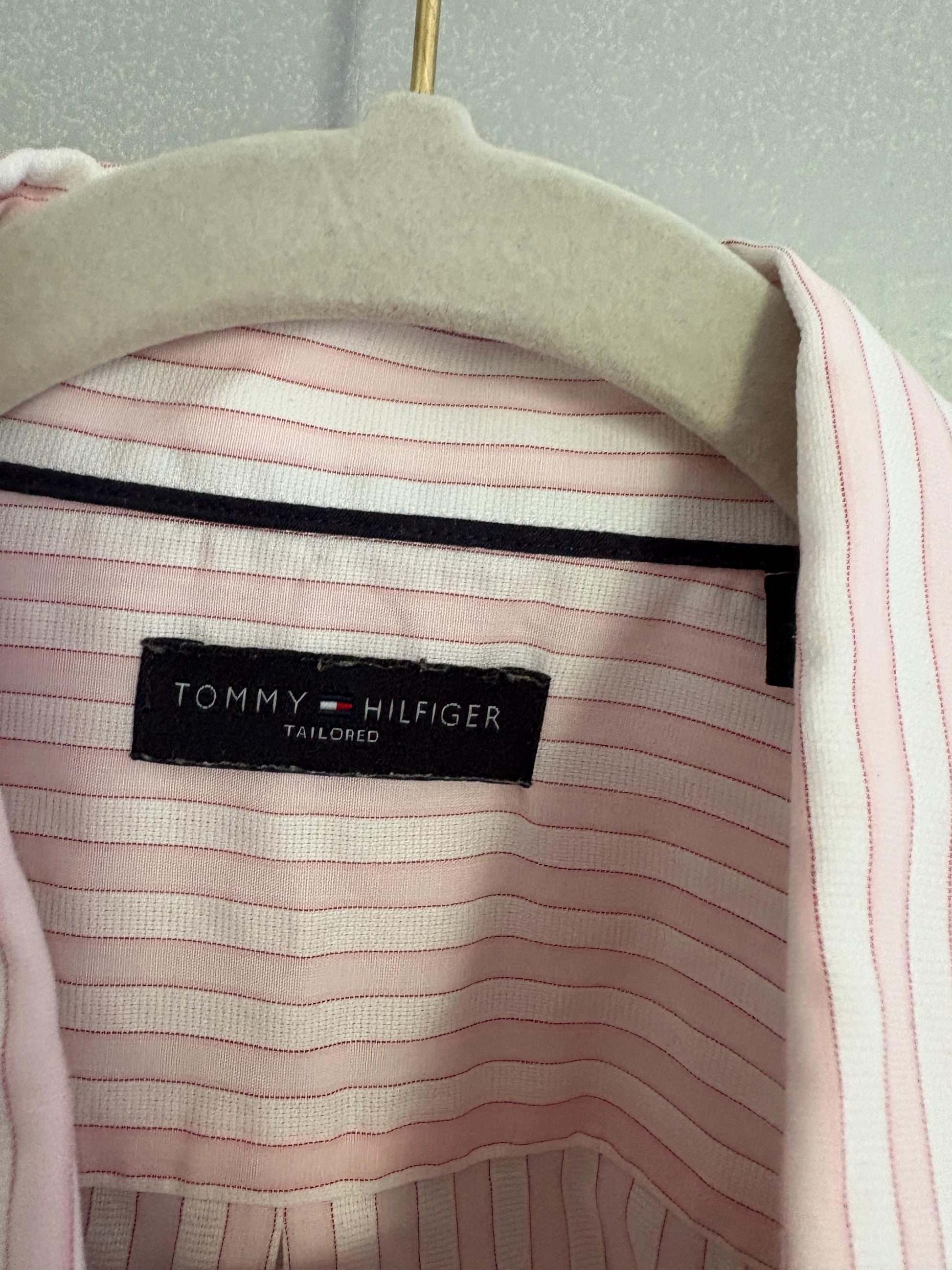 Vintage Tommy Hilfiger tailored Men's Striped Button-Down Shirt - Pink comfortable blouse, Loose Oversized short sleeve Shirt, 39 - 15 1/2