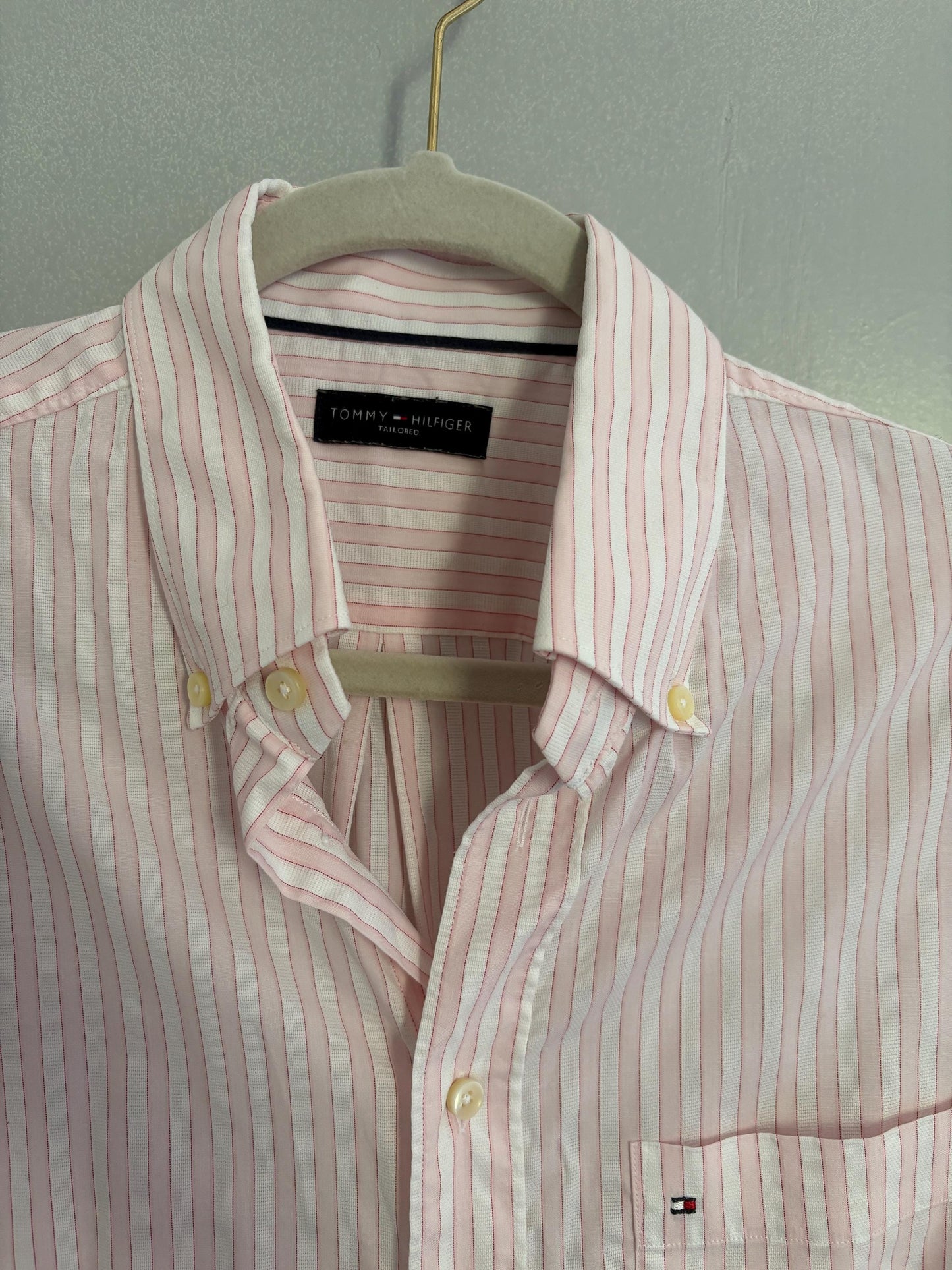 Vintage Tommy Hilfiger tailored Men's Striped Button-Down Shirt - Pink comfortable blouse, Loose Oversized short sleeve Shirt, 39 - 15 1/2