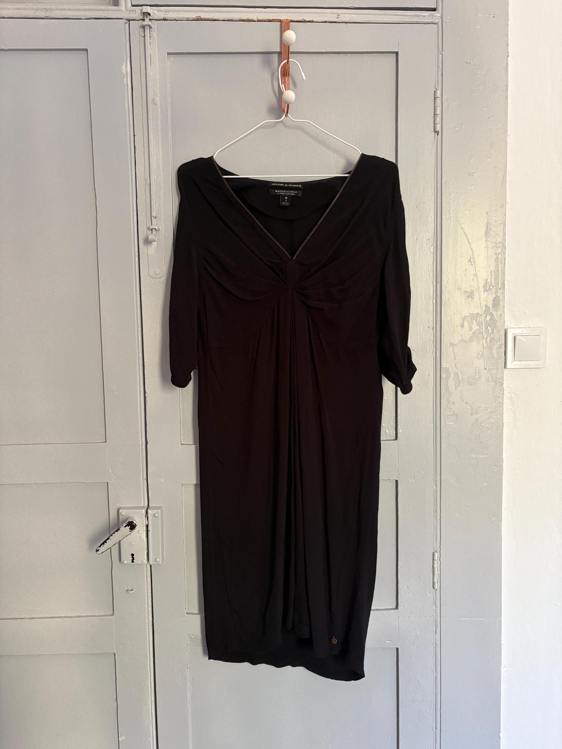 Vintage Maison Scotch black dress, Sexy zipper v neck Basic casual loose fit dress, Lightweight summer dress