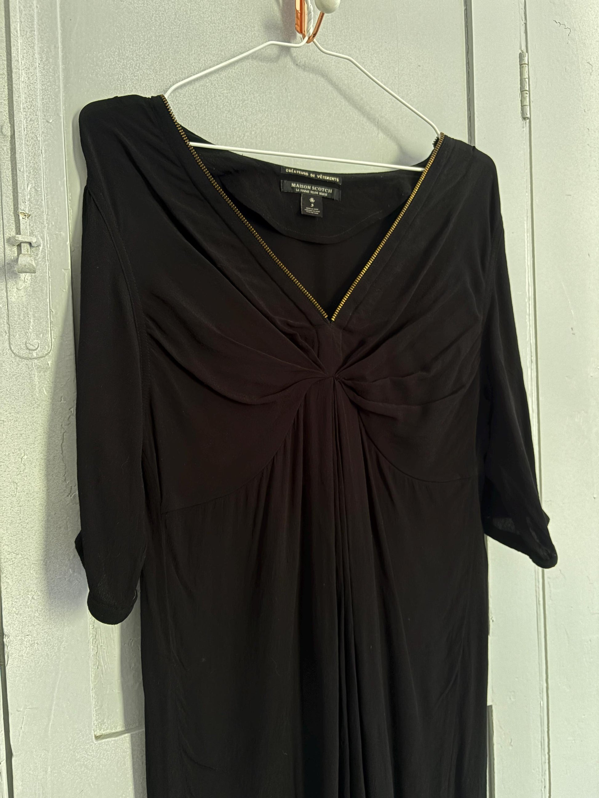 Vintage Maison Scotch black dress, Sexy zipper v neck Basic casual loose fit dress, Lightweight summer dress