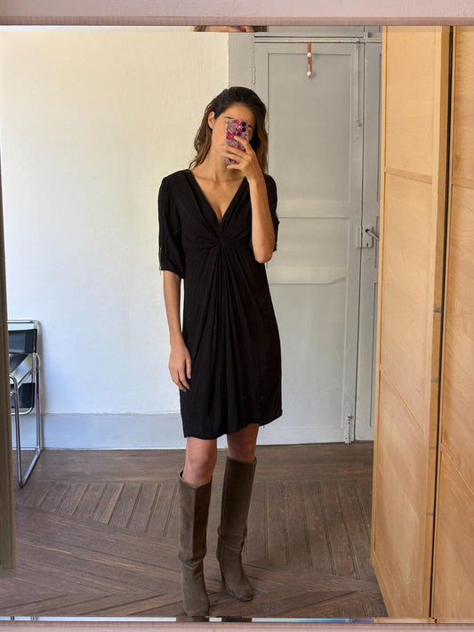 Vintage Maison Scotch black dress, Sexy zipper v neck Basic casual loose fit dress, Lightweight summer dress