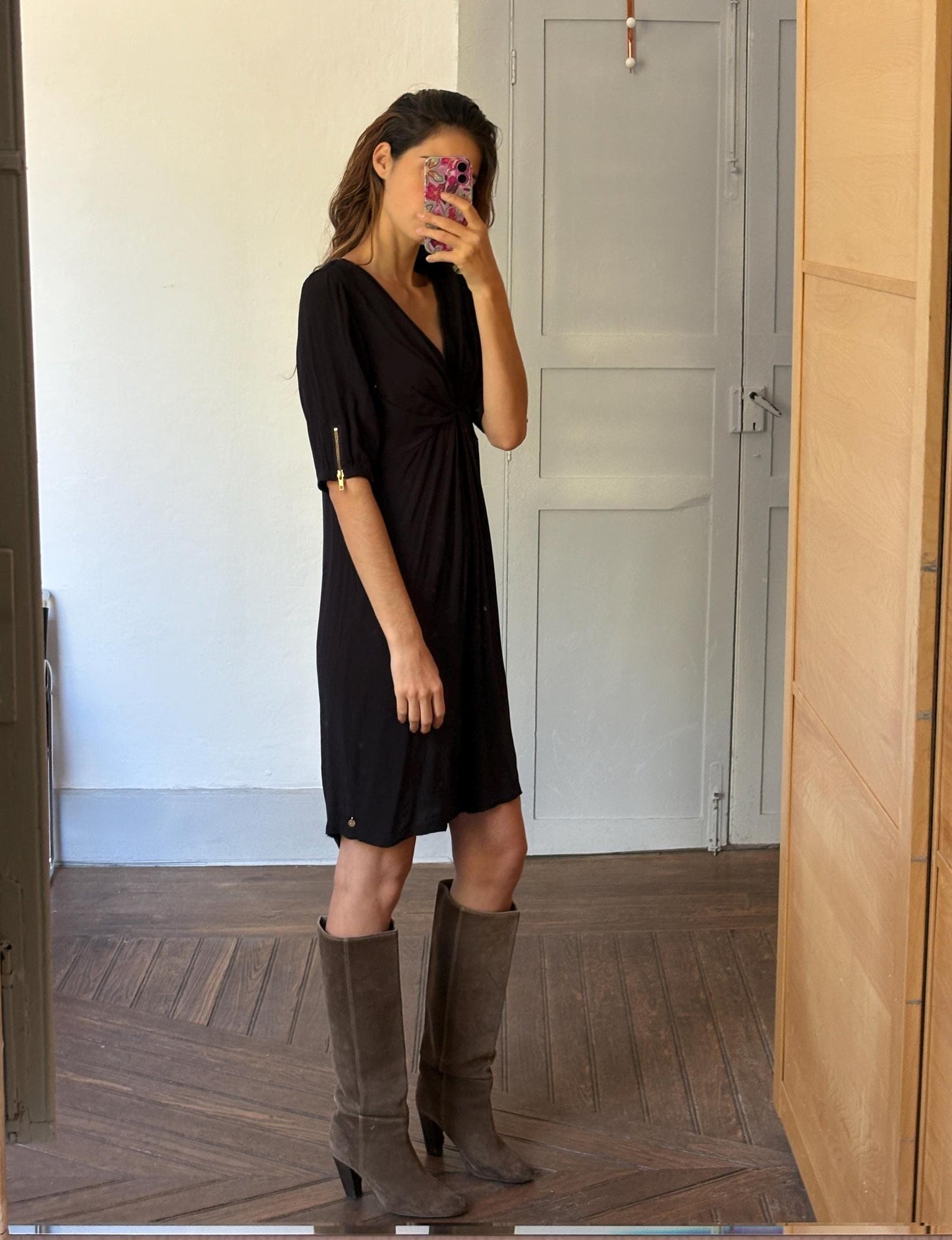 Vintage Maison Scotch black dress, Sexy zipper v neck Basic casual loose fit dress, Lightweight summer dress