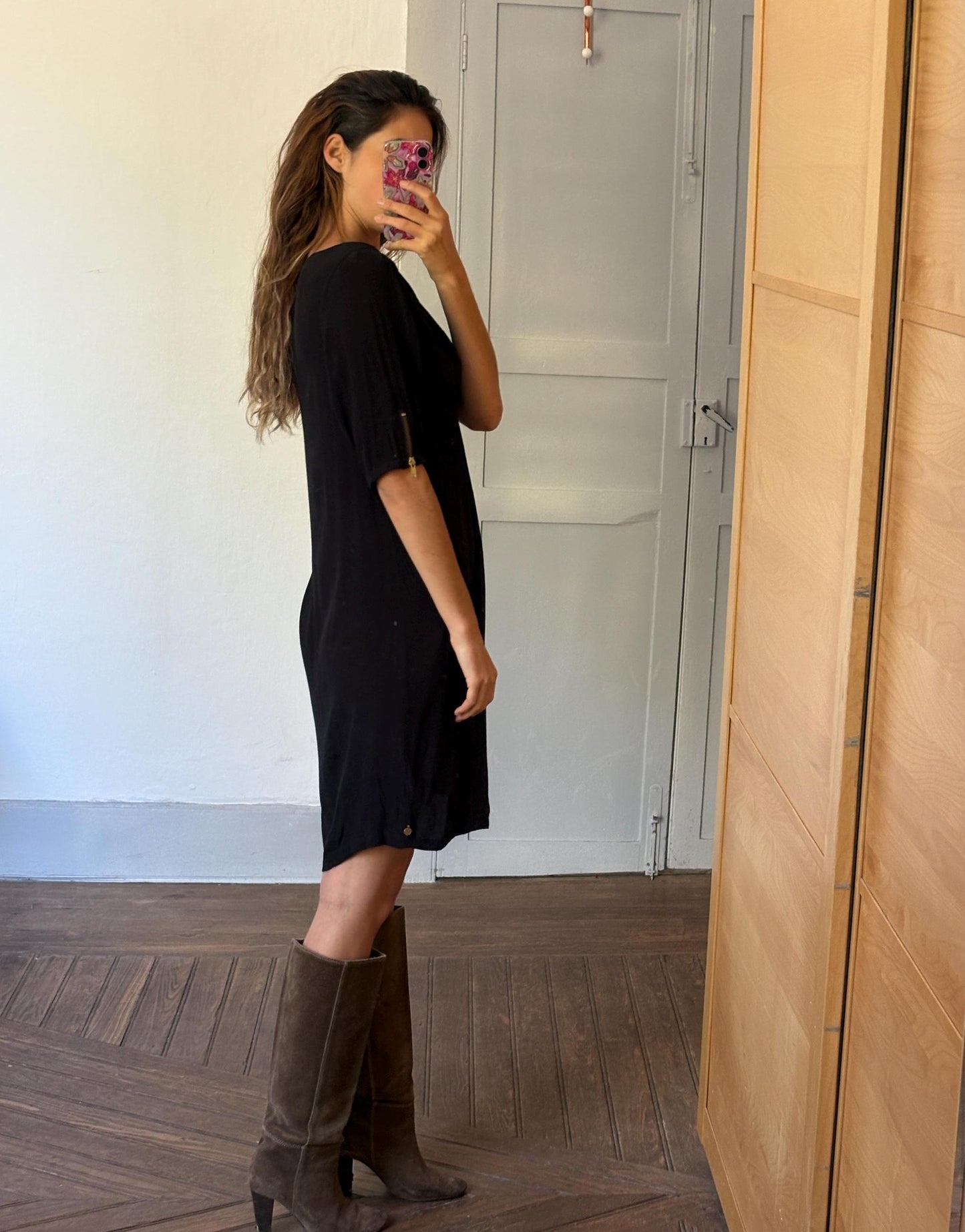 Vintage Maison Scotch black dress, Sexy zipper v neck Basic casual loose fit dress, Lightweight summer dress