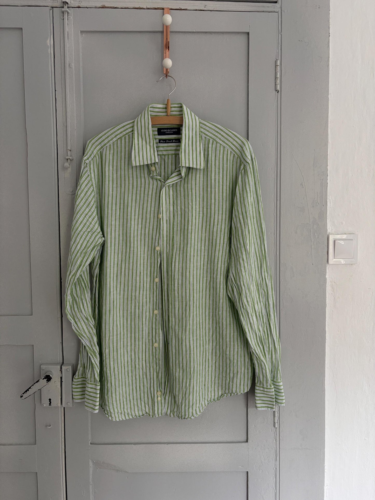 Pure fresh linen vintage green striped shirt, Lightweight quality summer Button-Down Shirt - Oversized wrap top