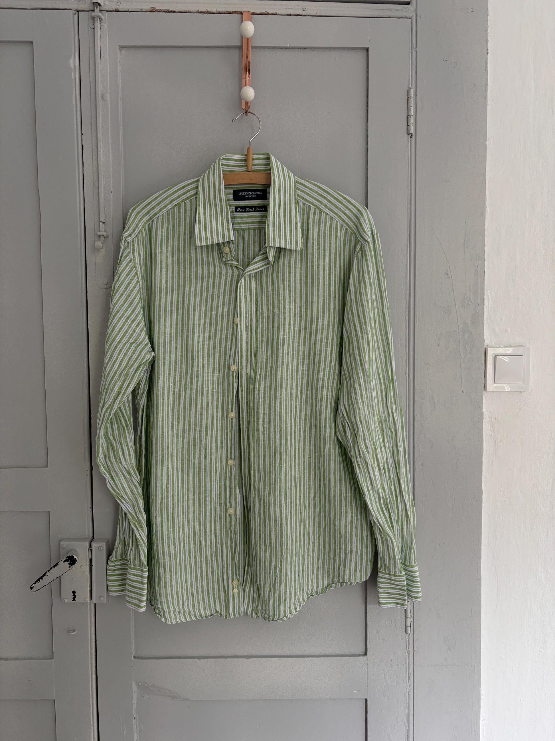 Pure fresh linen vintage green striped shirt, Lightweight quality summer Button-Down Shirt - Oversized wrap top