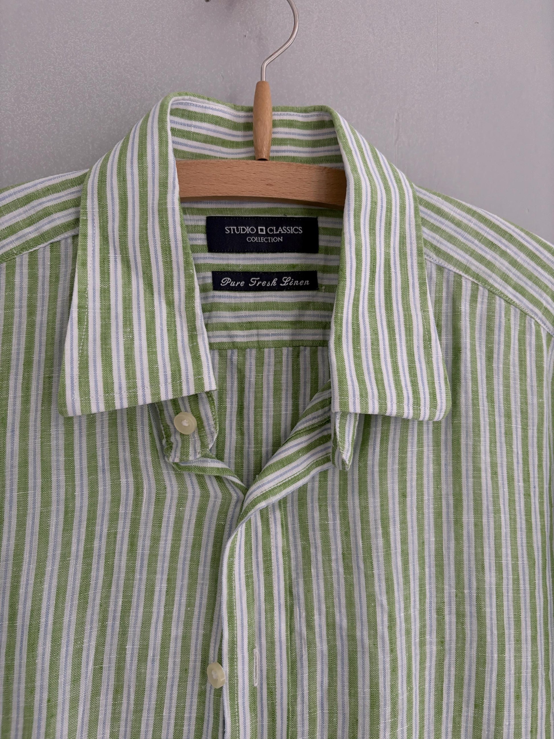 Pure fresh linen vintage green striped shirt, Lightweight quality summer Button-Down Shirt - Oversized wrap top