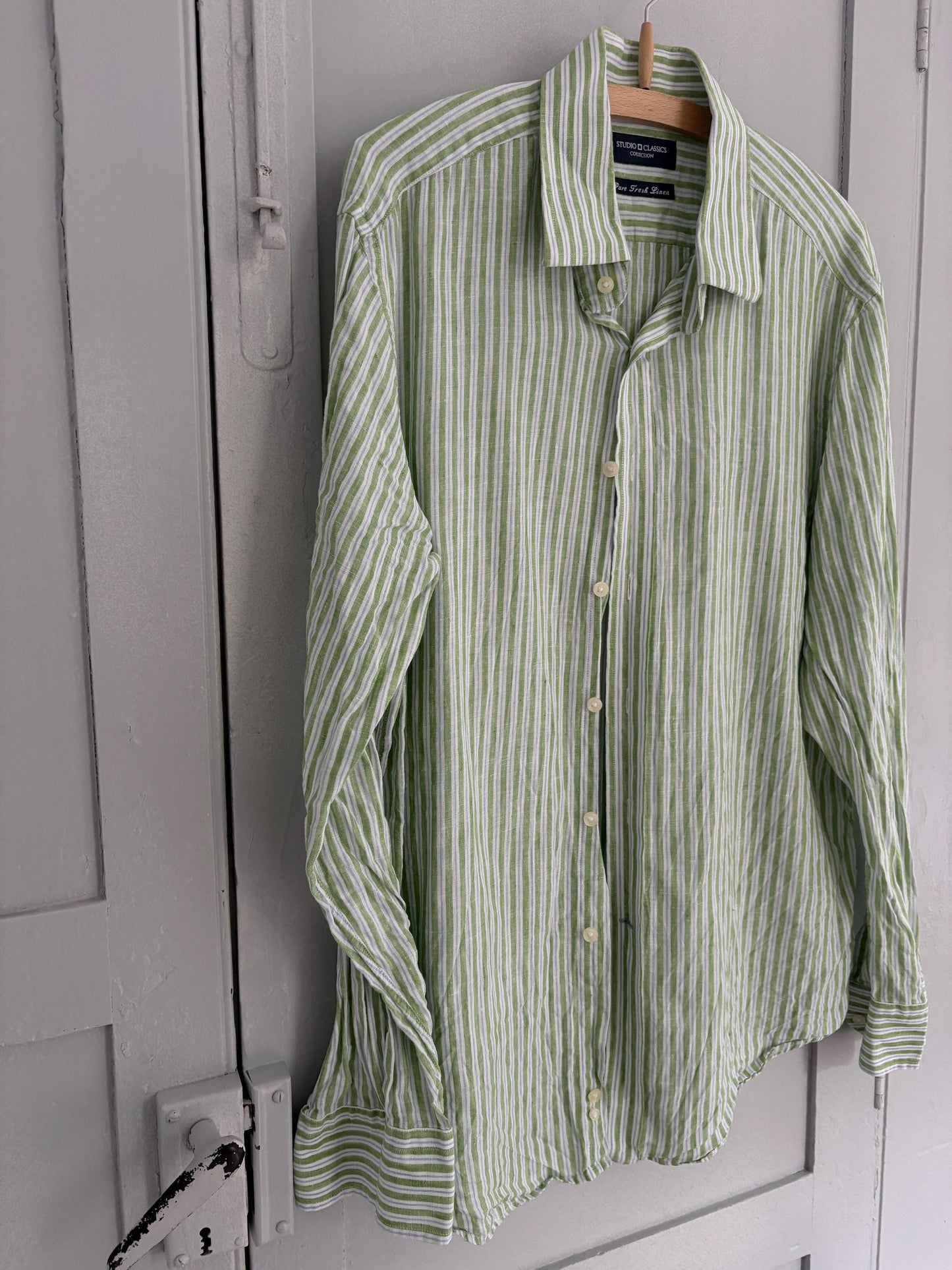 Pure fresh linen vintage green striped shirt, Lightweight quality summer Button-Down Shirt - Oversized wrap top