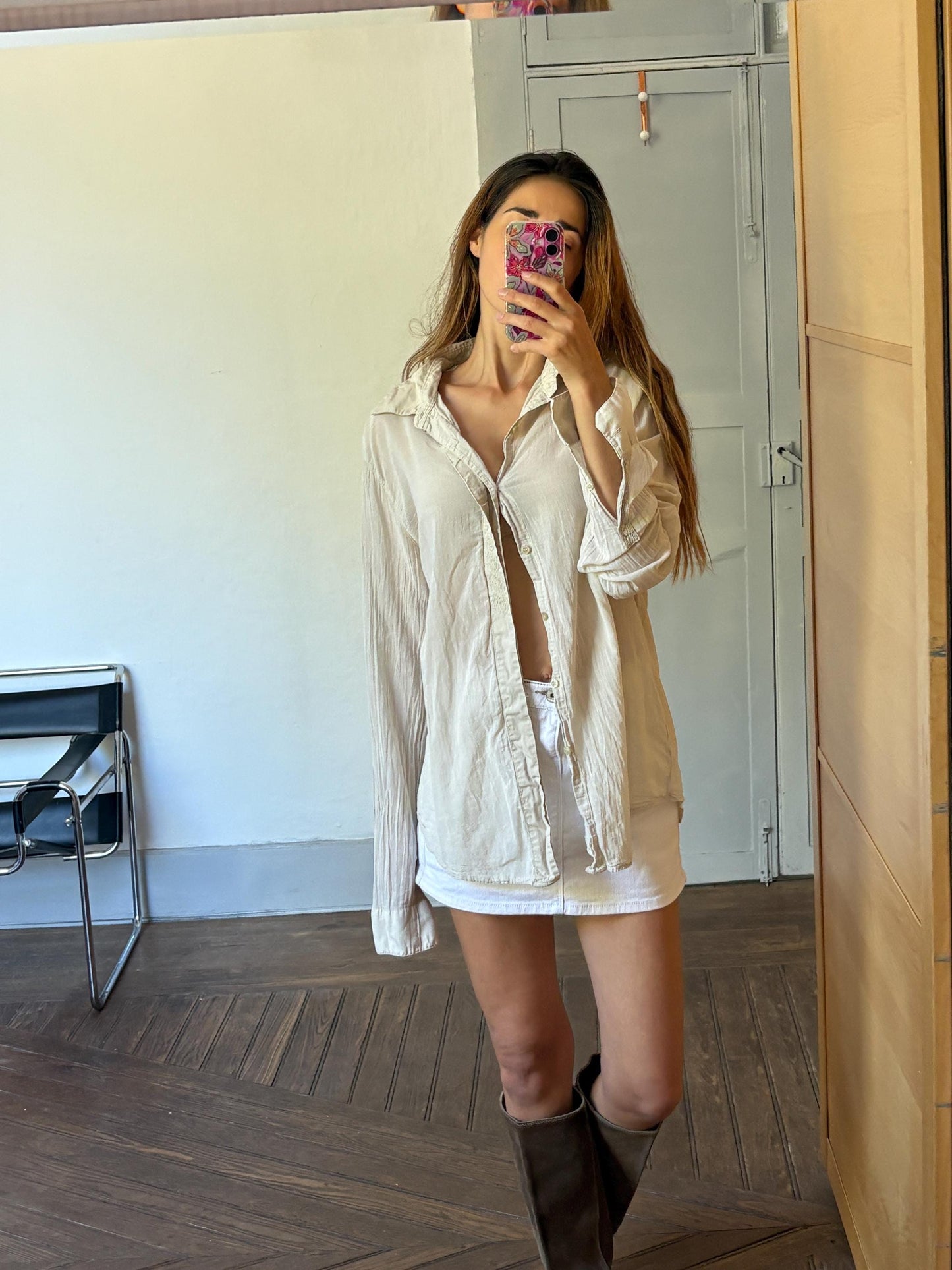 Vintage Y2K White Denim Mini Skirt — fabric close-up