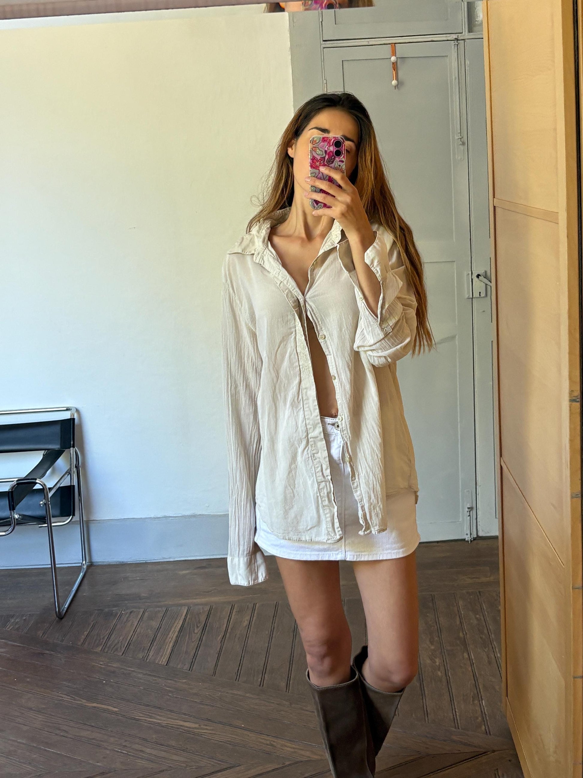 Vintage Y2K White Denim Mini Skirt — fabric close-up