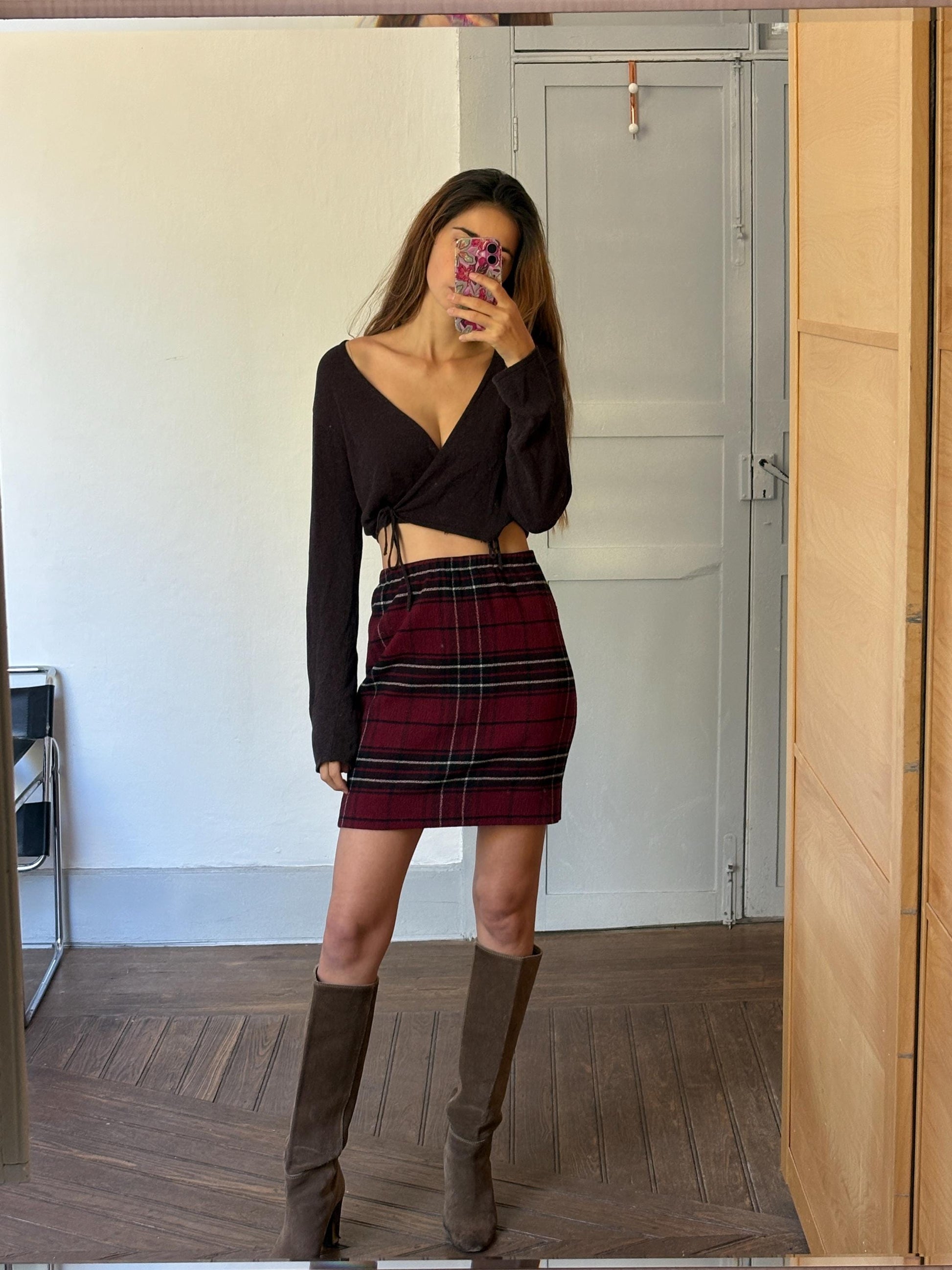 Vintage red Pleated Plaid pencil Skirt, High Waisted red tartan Midi Skirt, Retro Classic, S