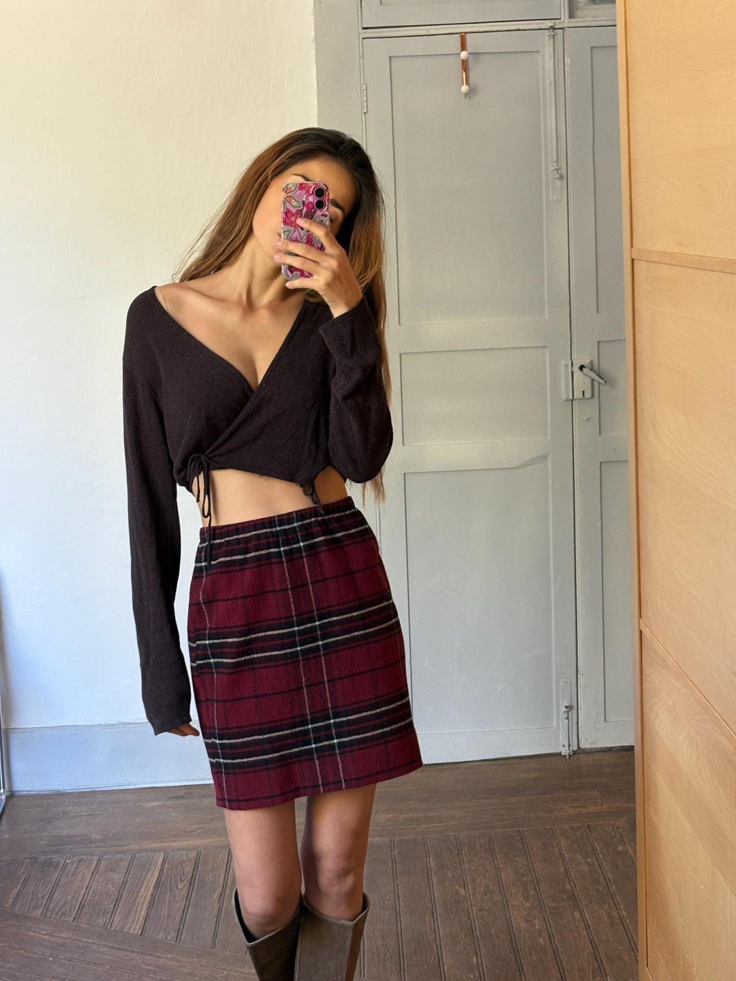 Vintage red Pleated Plaid pencil Skirt, High Waisted red tartan Midi Skirt, Retro Classic, S