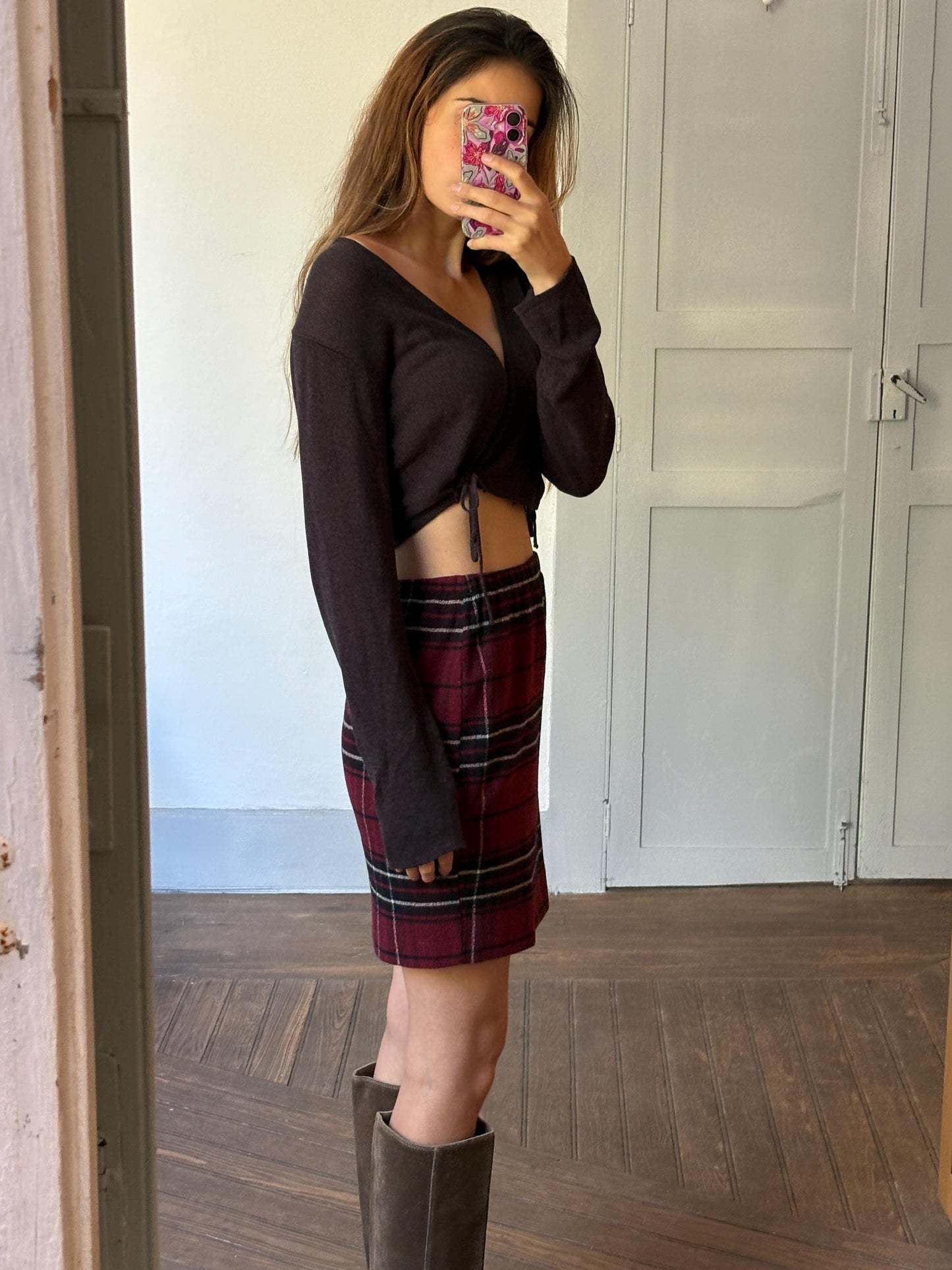 Vintage Red Plaid Pencil Skirt — fabric close-up