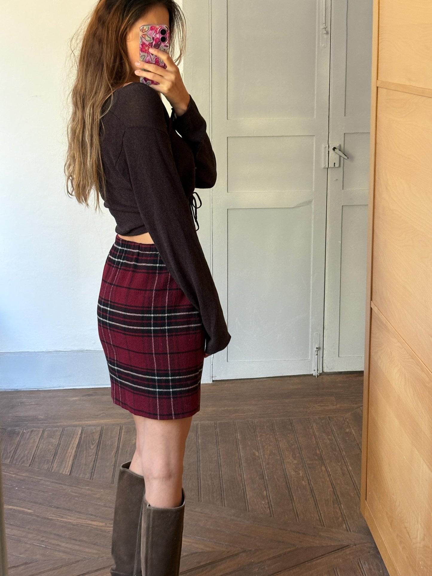 Vintage red Pleated Plaid pencil Skirt, High Waisted red tartan Midi Skirt, Retro Classic, S
