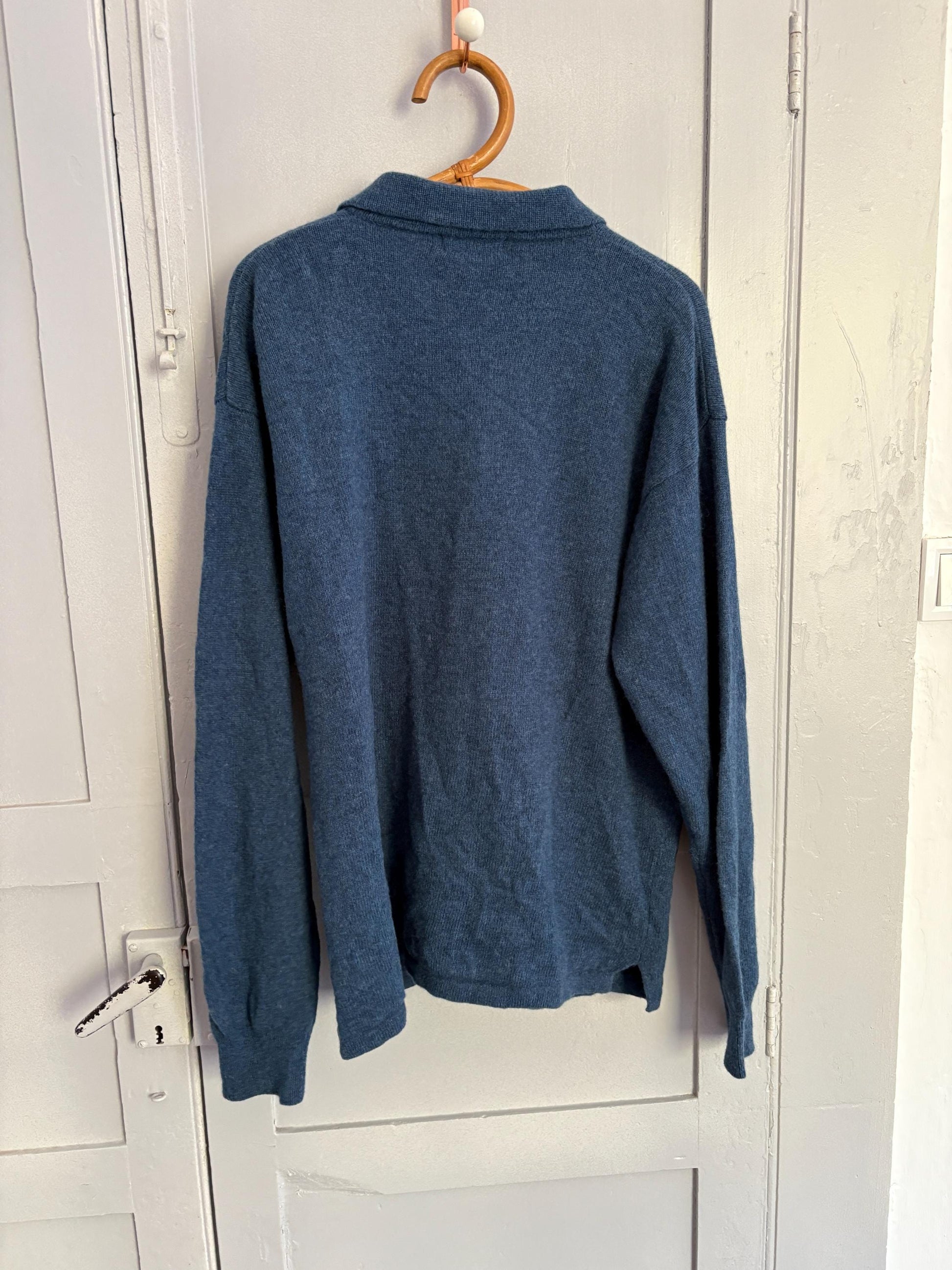 Wool vintage Luxe cardigan - Blue Long sleeved soft Men jumper, 42 - XL