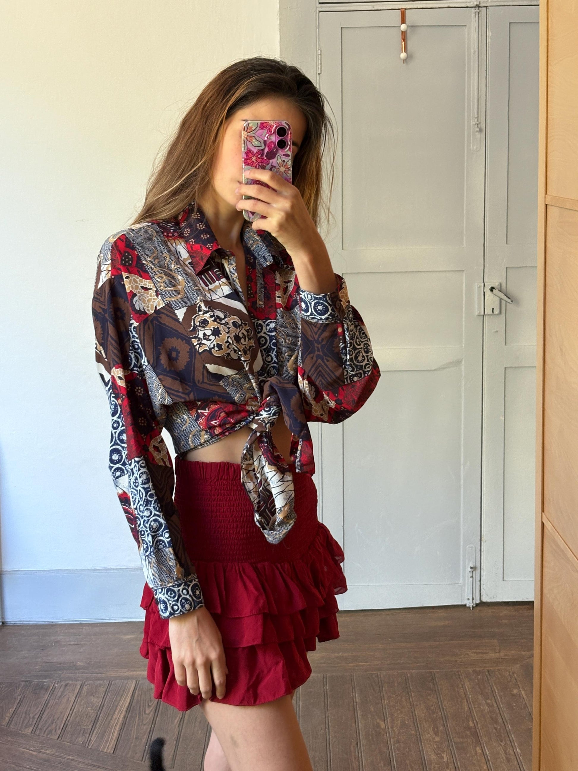 Vintage abstract pattern woman blouse, Colourful Button up retro shirt, 80s vintage clothing