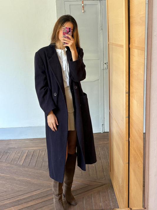 Long navy blue wool winter coat. Vintage Gil. Bret jacket.
