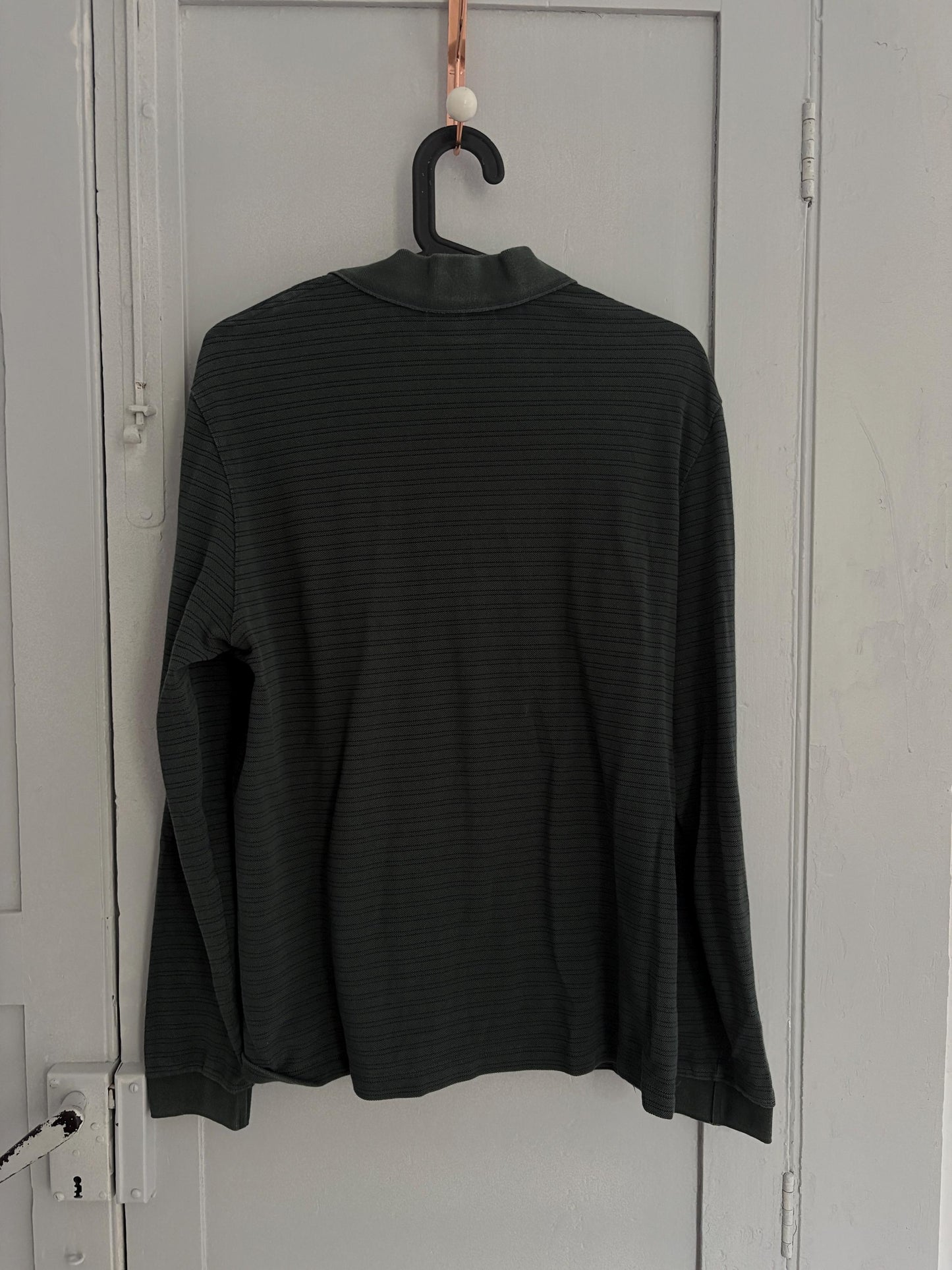 Vintage dark green Lacoste polo shirt, Striped designer sweatshirt, Branded cotton dark green long sleeve jumper, Regular fit, M