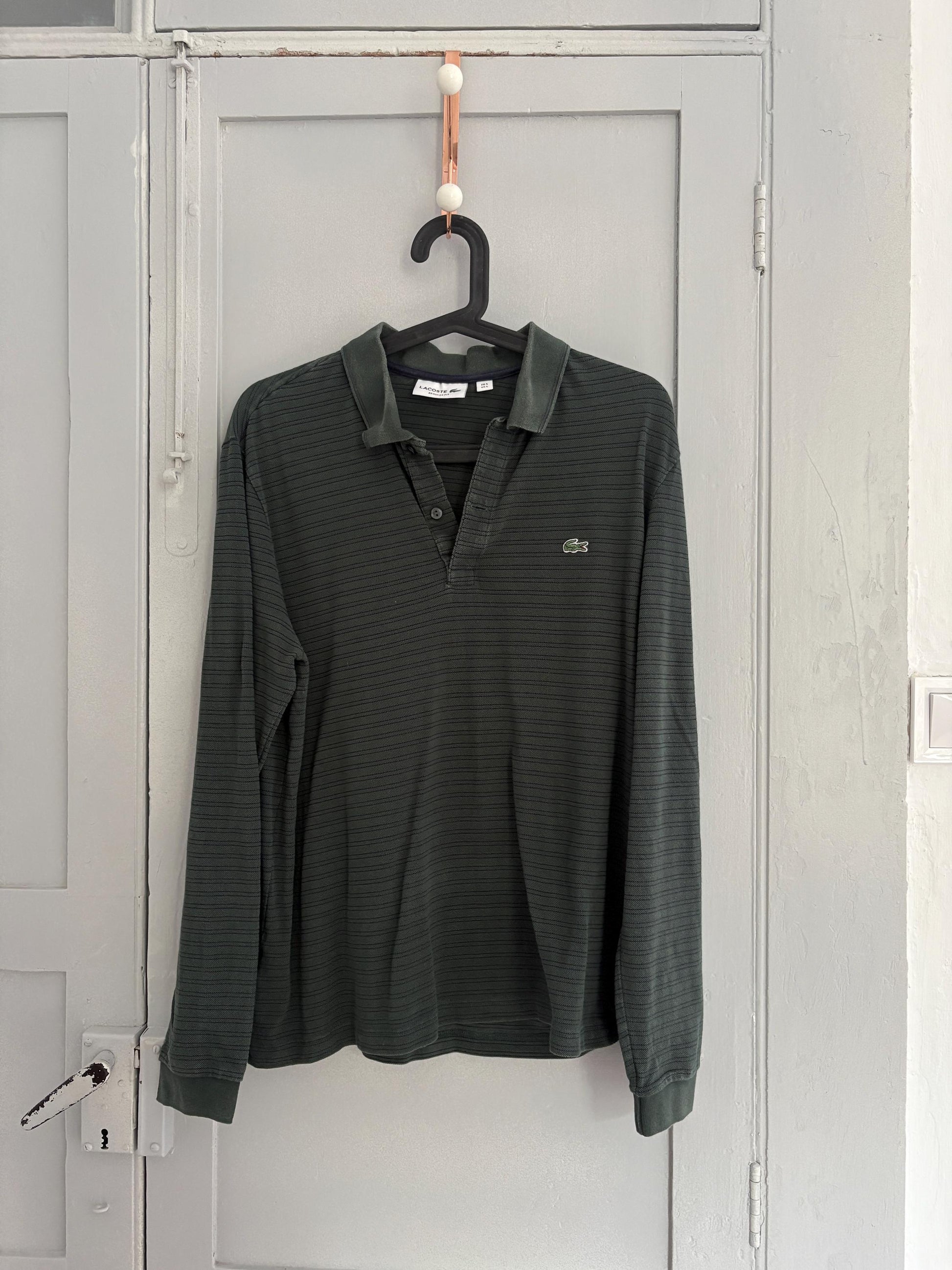 Vintage dark green Lacoste polo shirt, Striped designer sweatshirt, Branded cotton dark green long sleeve jumper, Regular fit, M