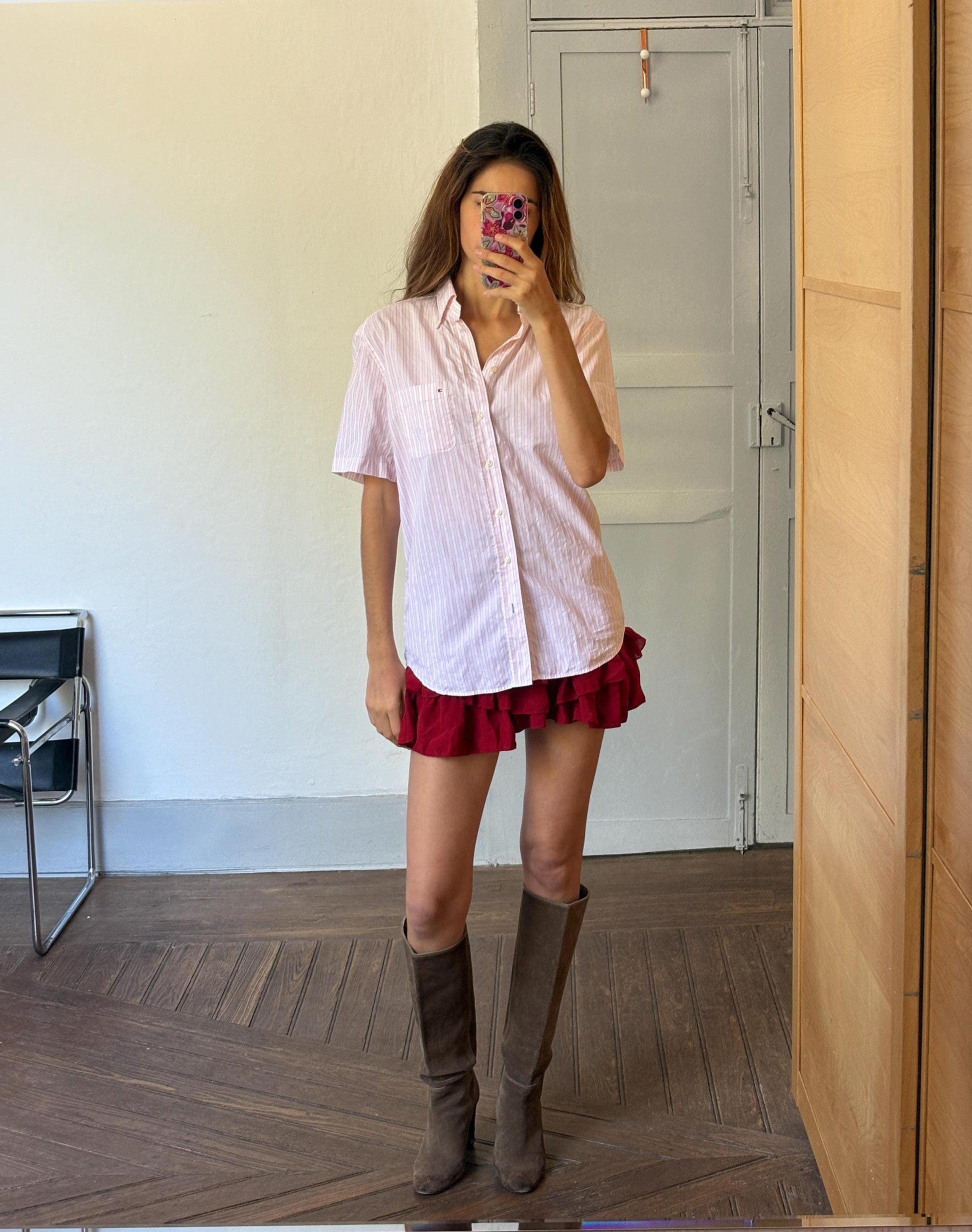 Vintage Tommy Hilfiger tailored Men's Striped Button-Down Shirt - Pink comfortable blouse, Loose Oversized short sleeve Shirt, 39 - 15 1/2