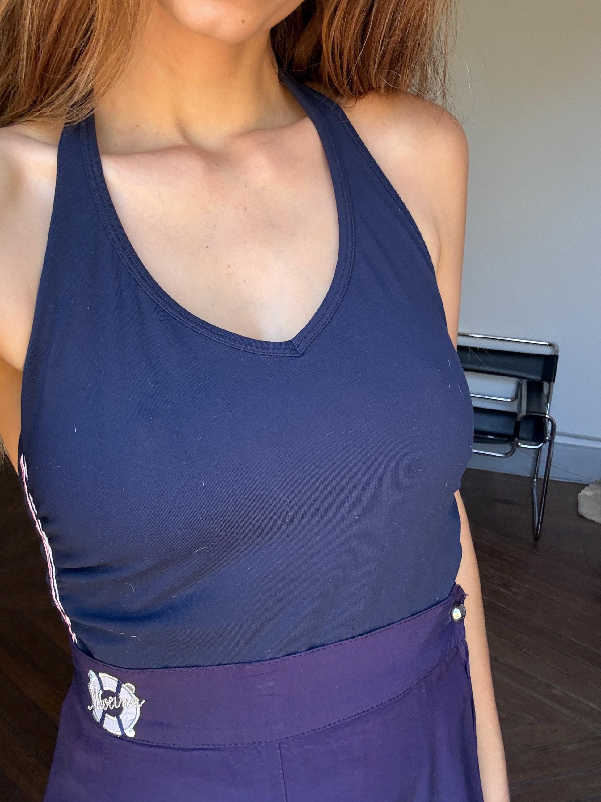 Vintage navy blue halter top, 90s tank, long bikini shirt
