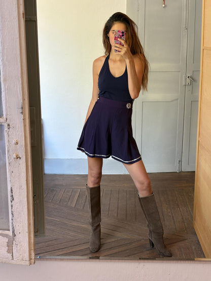 Vintage Navy Blue Halter Tank Top — fabric close-up