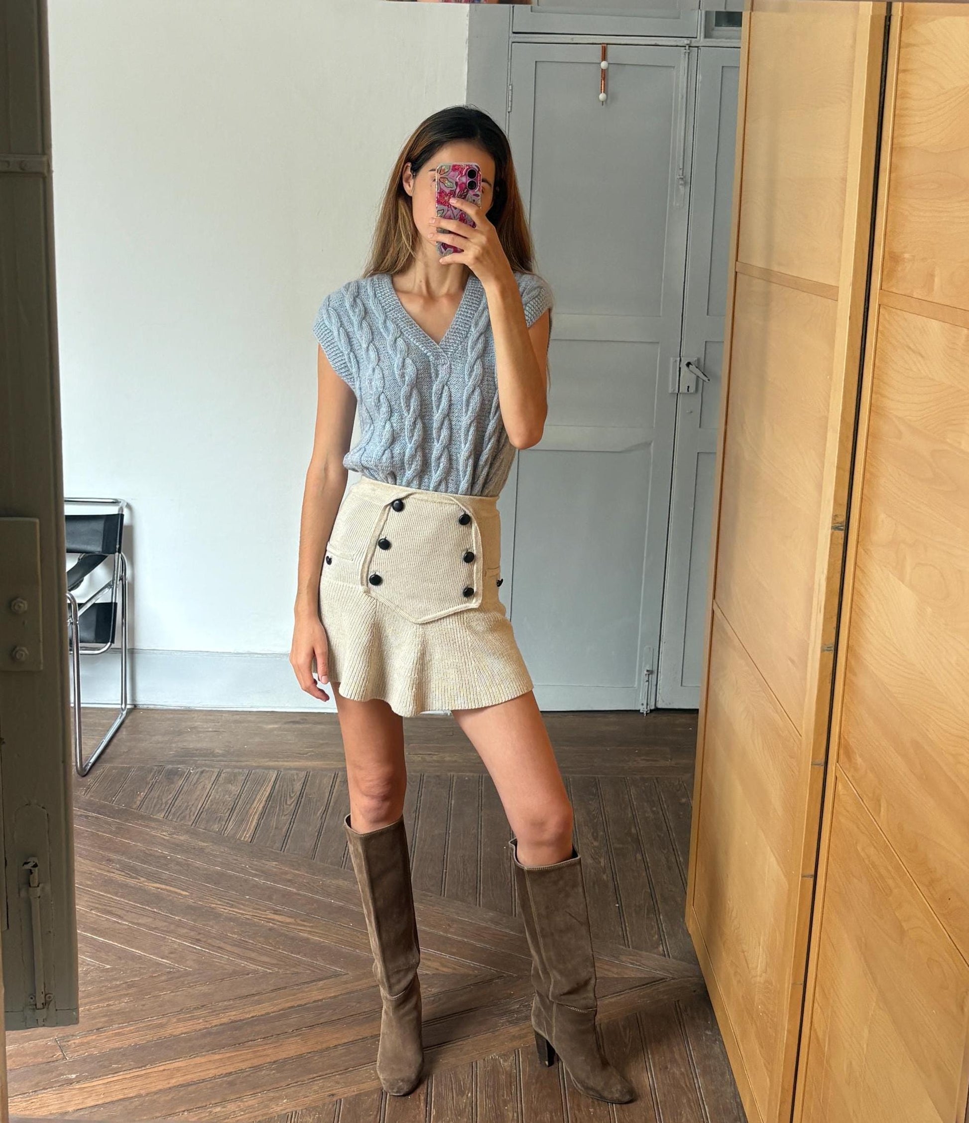 Vintage blue hand knit waistcoat, Light academia winter knitwear, Ice blue handmade spencer, Preppy gilet, S