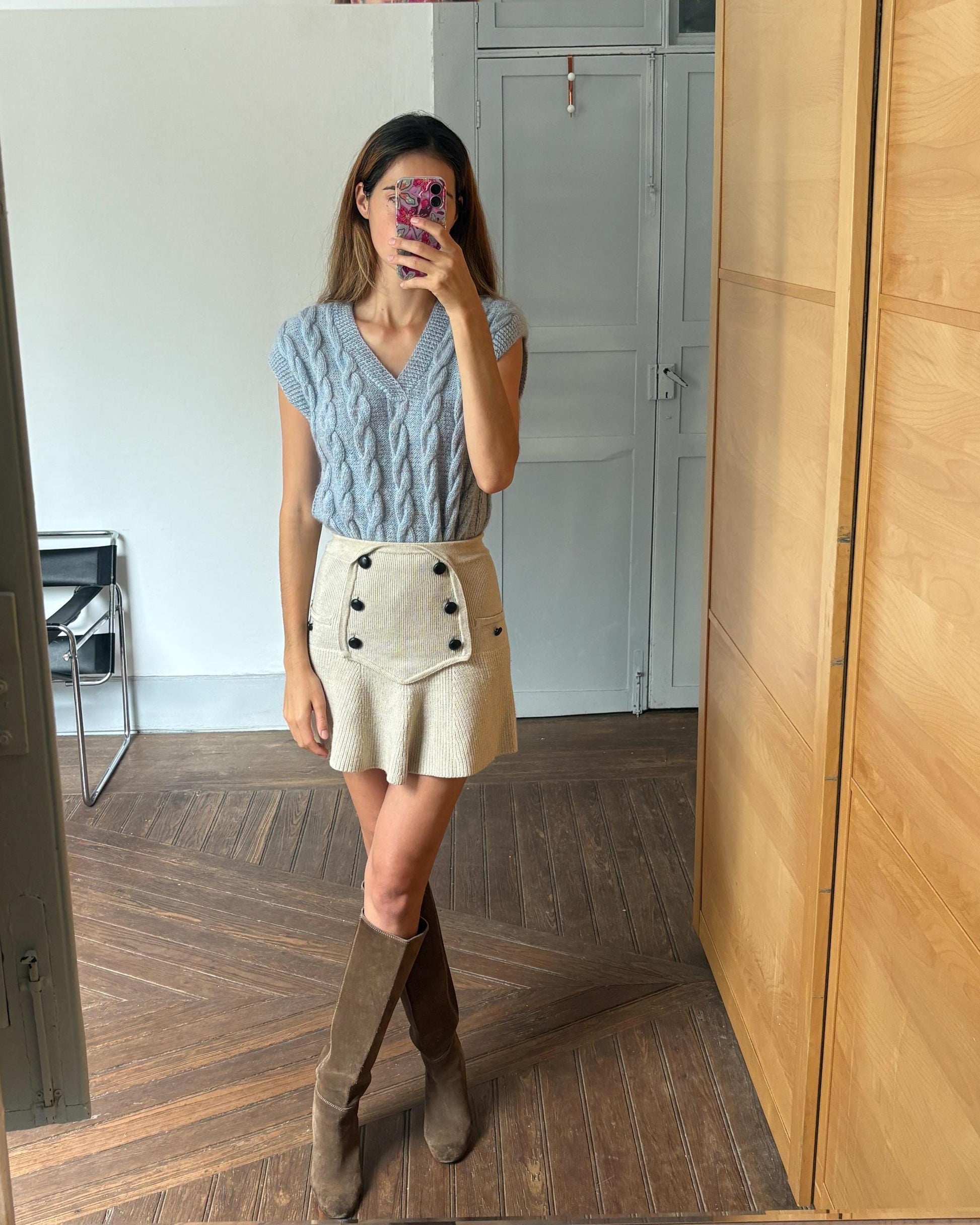 Vintage blue hand knit waistcoat, Light academia winter knitwear, Ice blue handmade spencer, Preppy gilet, S