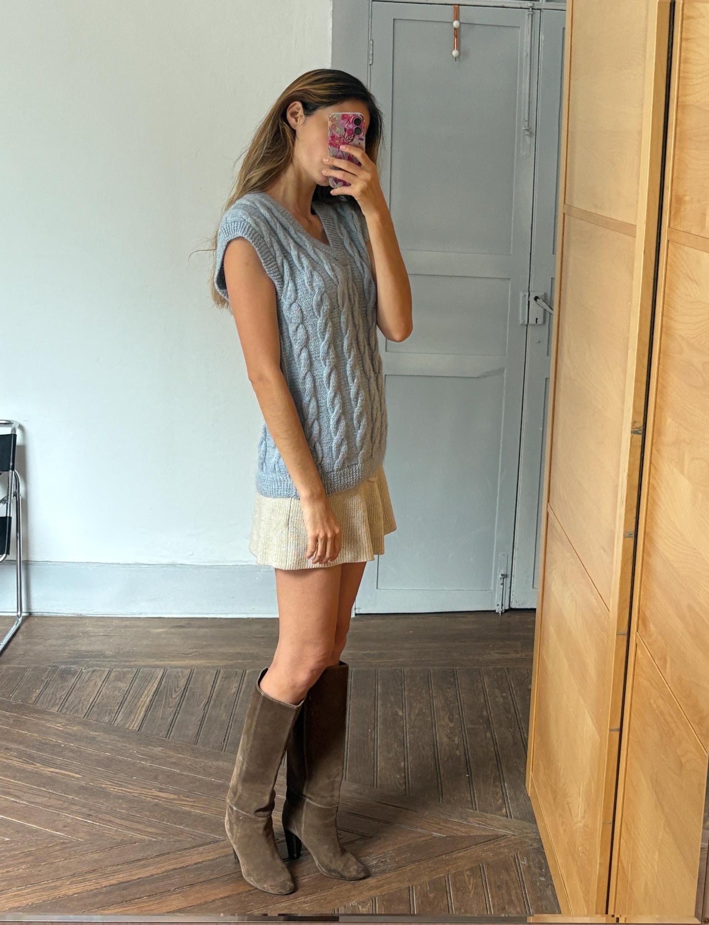 Vintage blue hand knit waistcoat, Light academia winter knitwear, Ice blue handmade spencer, Preppy gilet, S