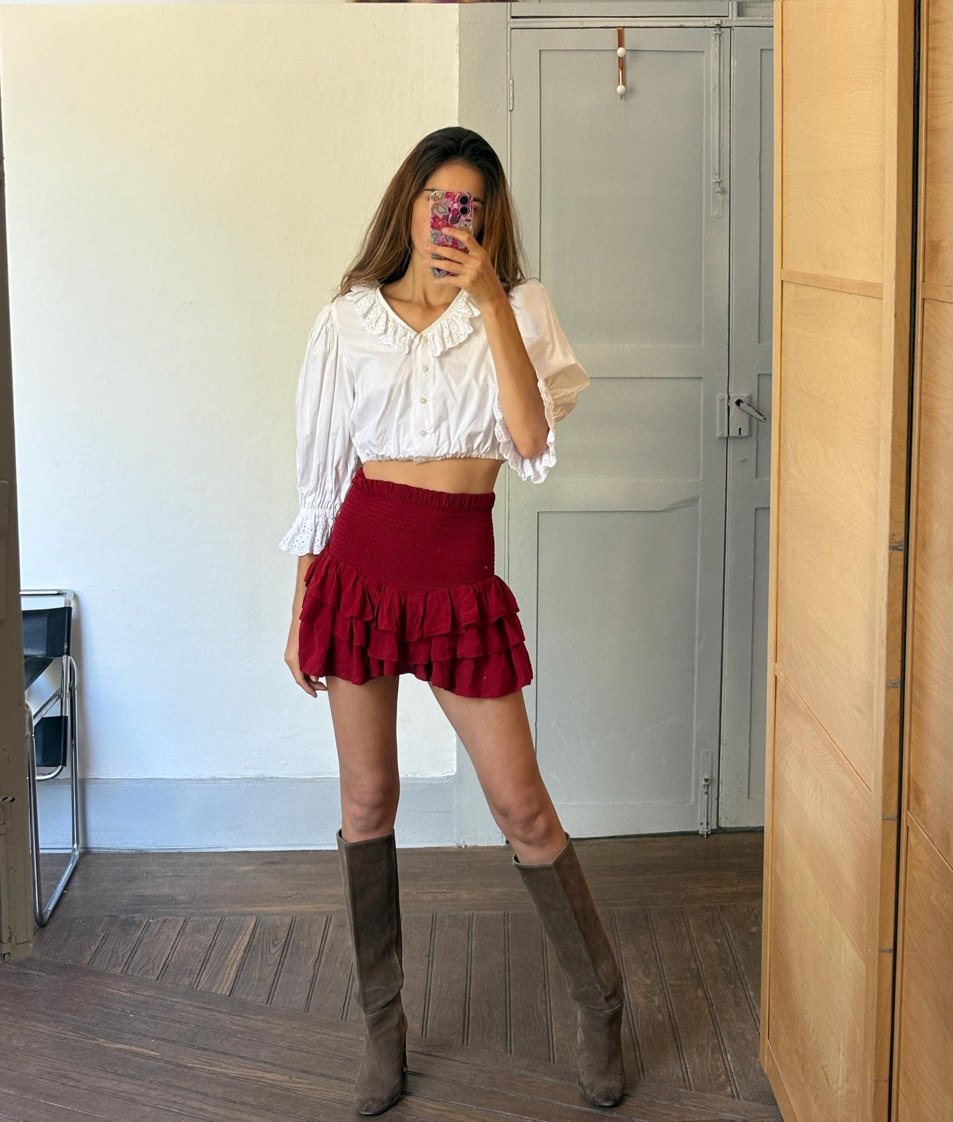 Vintage cotton cropped puff sleeve blouse, Eyelet fabric collared antique french shirt, White romantic crop top, M