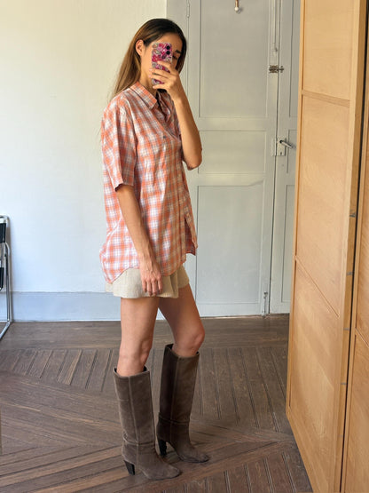 Vintage Thomas BURBERRY Orange plaid men blouse, Oxford designer shirt, XL