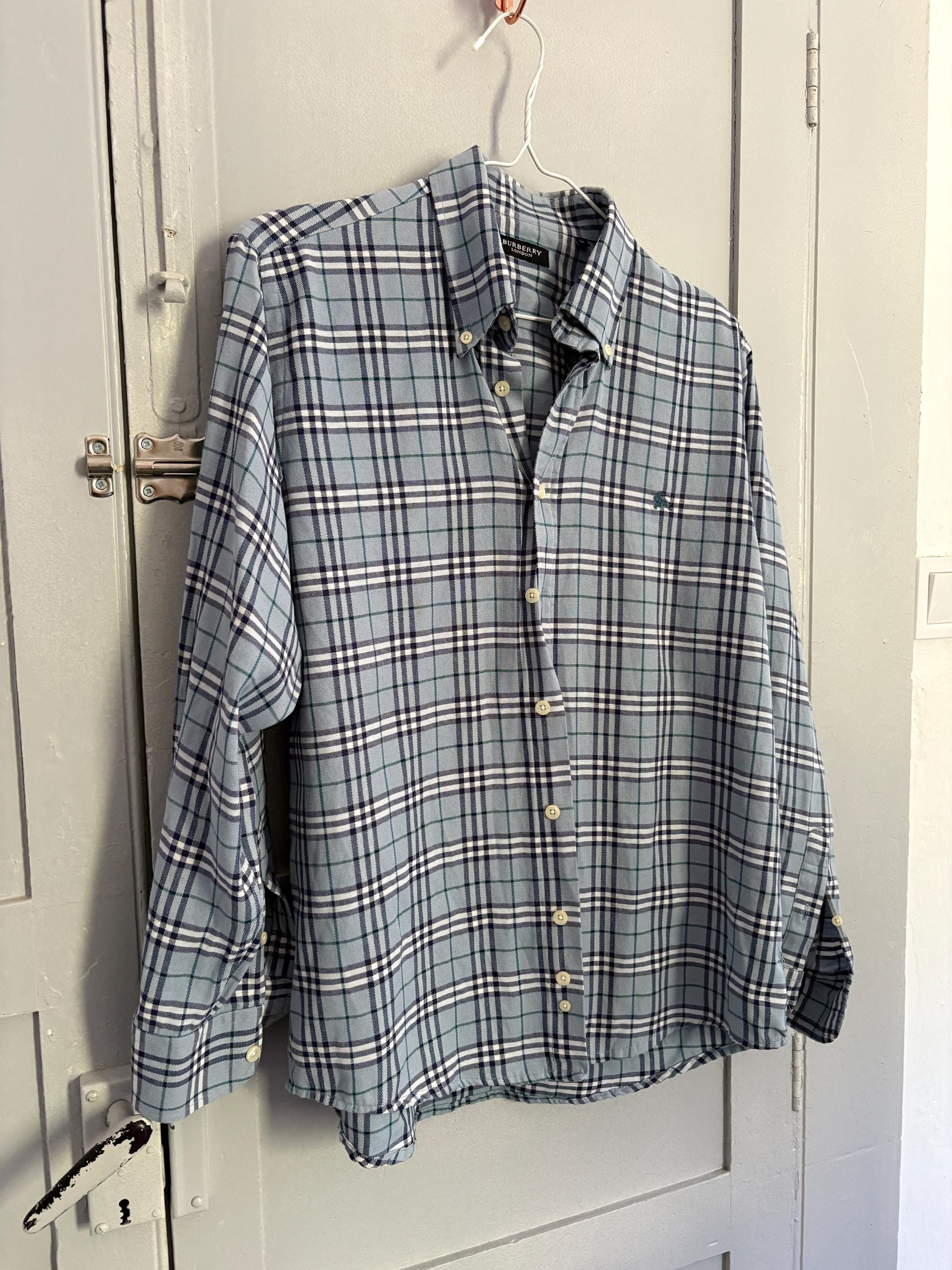 Vintage BURBERRY London blue and white plaid men blouse, Oxford designer shirt, Boxy fit, Classic formal shirt, Checkered branded wear, M