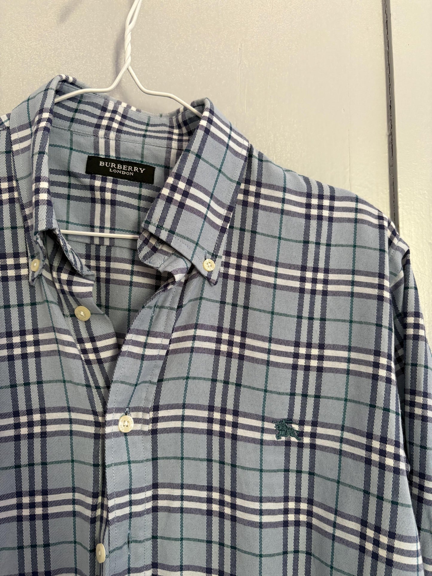 Vintage BURBERRY London blue and white plaid men blouse, Oxford designer shirt, Boxy fit, Classic formal shirt, Checkered branded wear, M