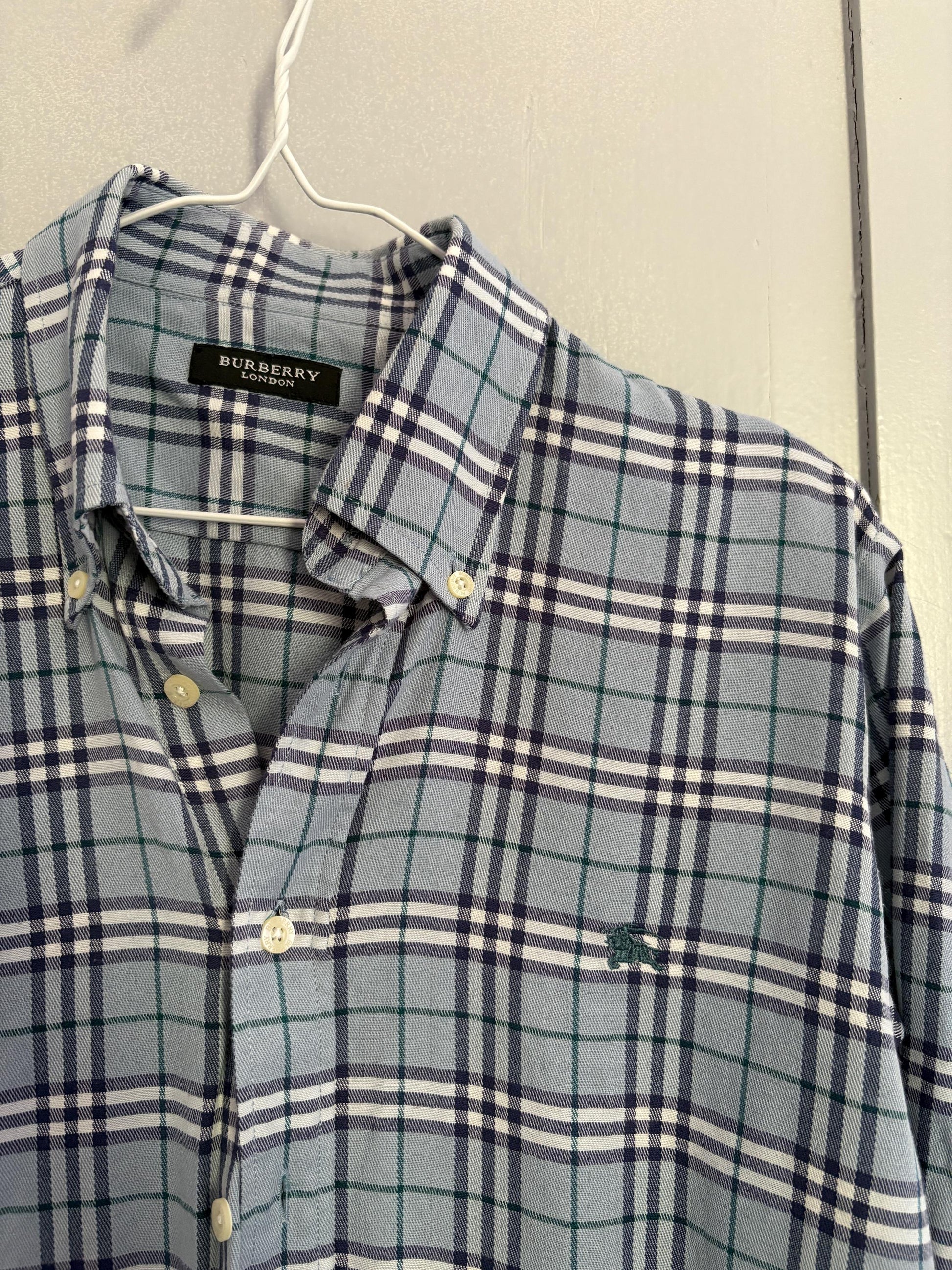 Vintage BURBERRY London blue and white plaid men blouse, Oxford designer shirt, Boxy fit, Classic formal shirt, Checkered branded wear, M